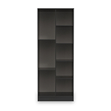 A tall, dark shelving unit with multiple empty compartments stands isolated against a plain light background.