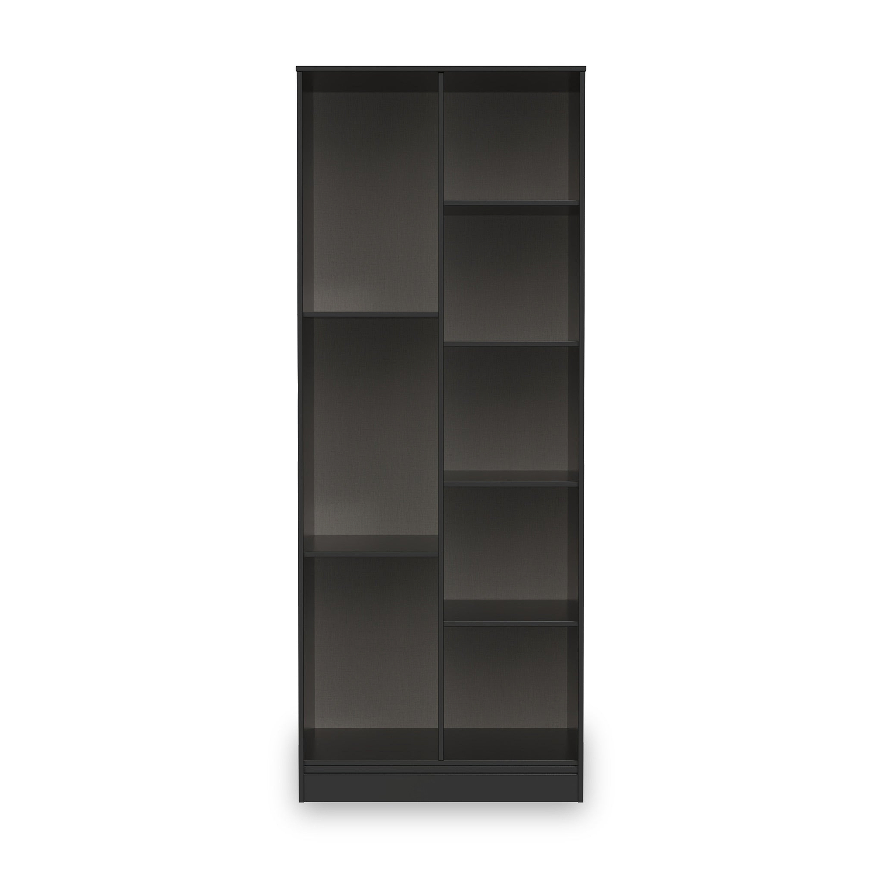 A tall, dark shelving unit with multiple empty compartments stands isolated against a plain light background.