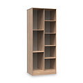A tall, empty wooden bookshelf with various sized compartments is displayed against a plain white background.