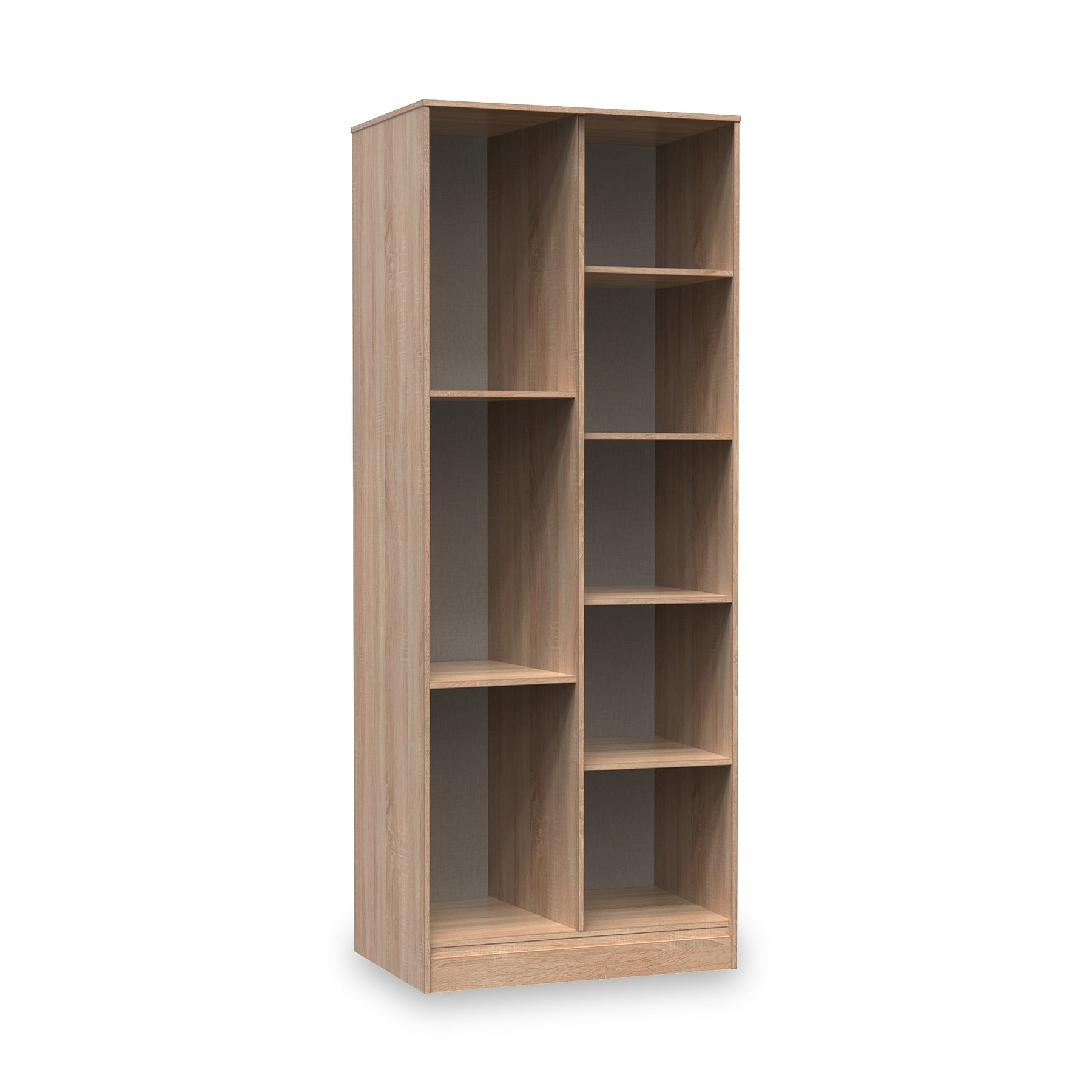 A tall, empty wooden bookshelf with various sized compartments is displayed against a plain white background.