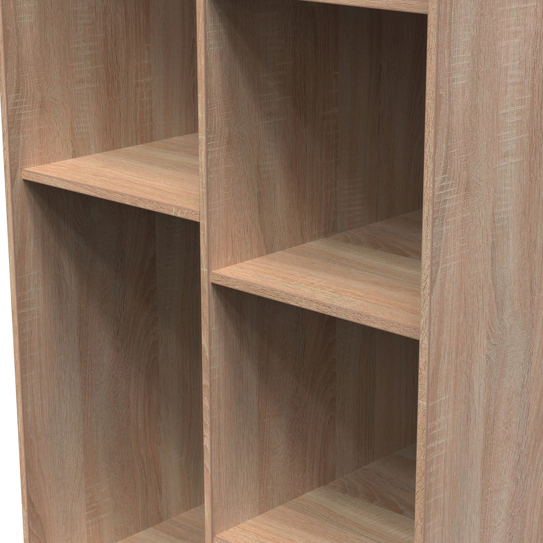 Empty wooden bookshelf with two vertical partitions and horizontal shelves, creating six compartments, isolated on a white background.