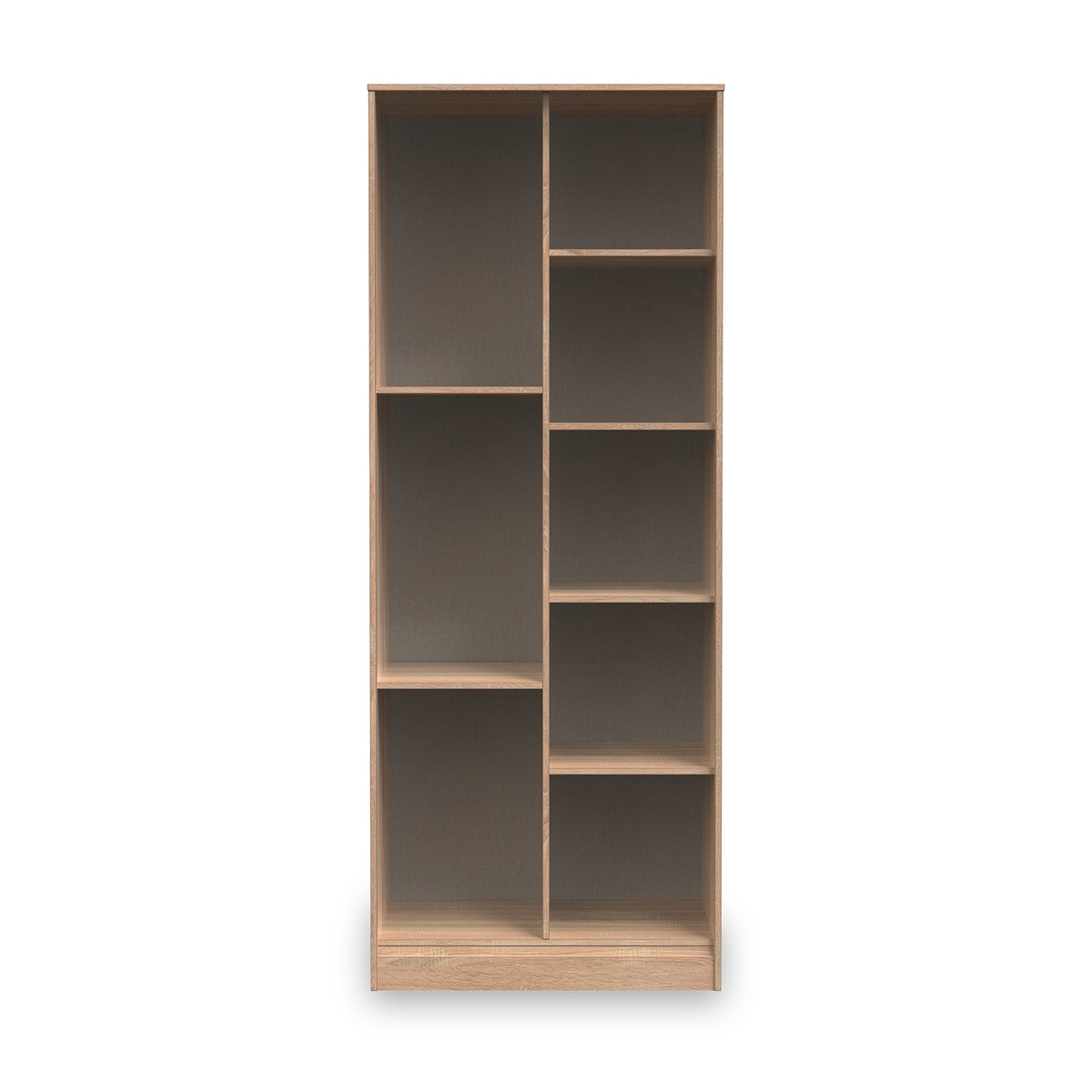 A tall, empty wooden bookcase with multiple shelves, against a plain white background.