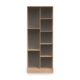 A tall, empty wooden bookcase with multiple shelves, against a plain white background.