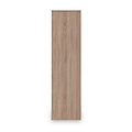 A plank of wood with a natural grain pattern stands vertically against a plain white background.