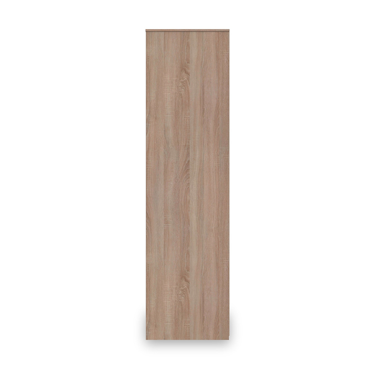A plank of wood with a natural grain pattern stands vertically against a plain white background.