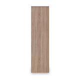 A plank of wood with a natural grain pattern stands vertically against a plain white background.