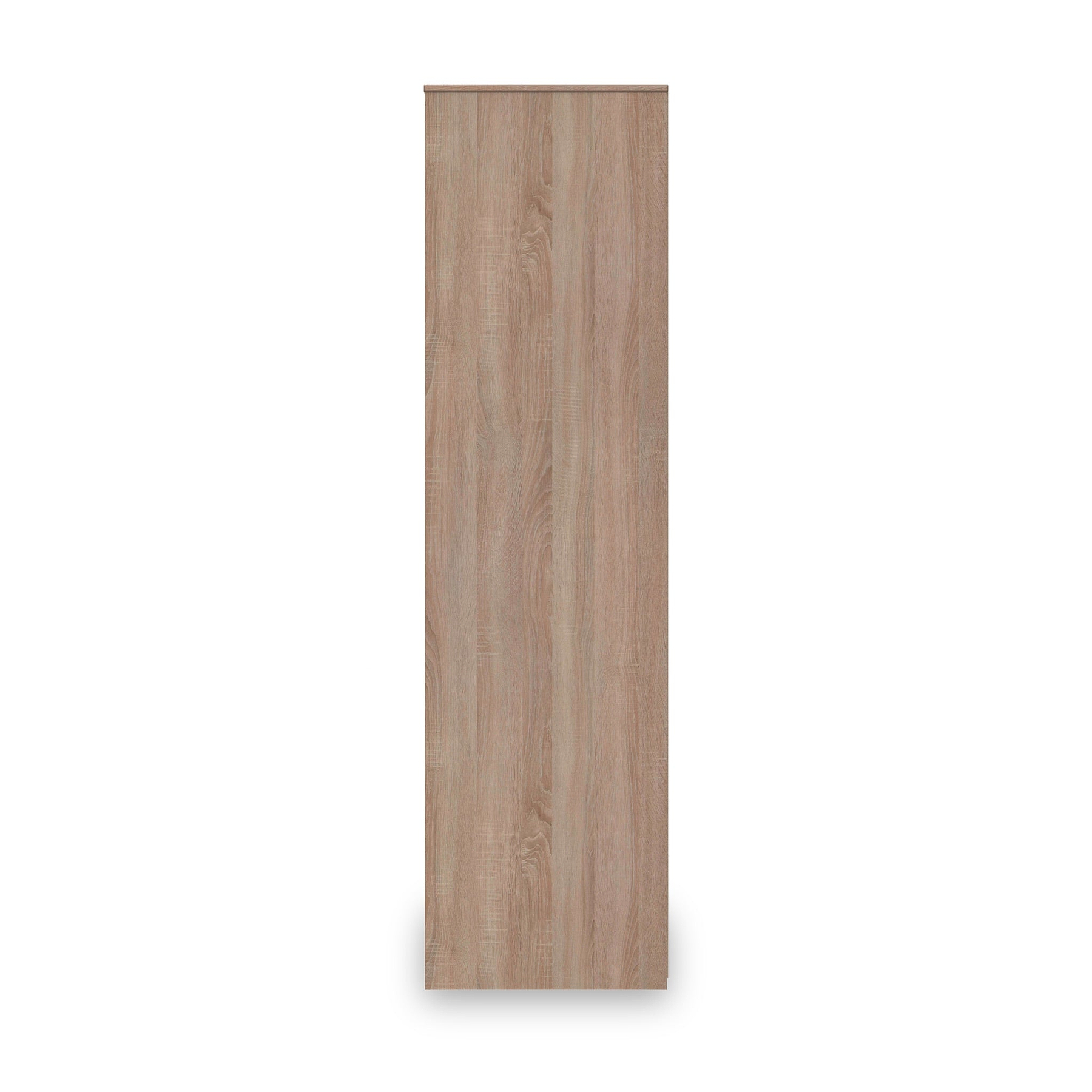 A plank of wood with a natural grain pattern stands vertically against a plain white background.
