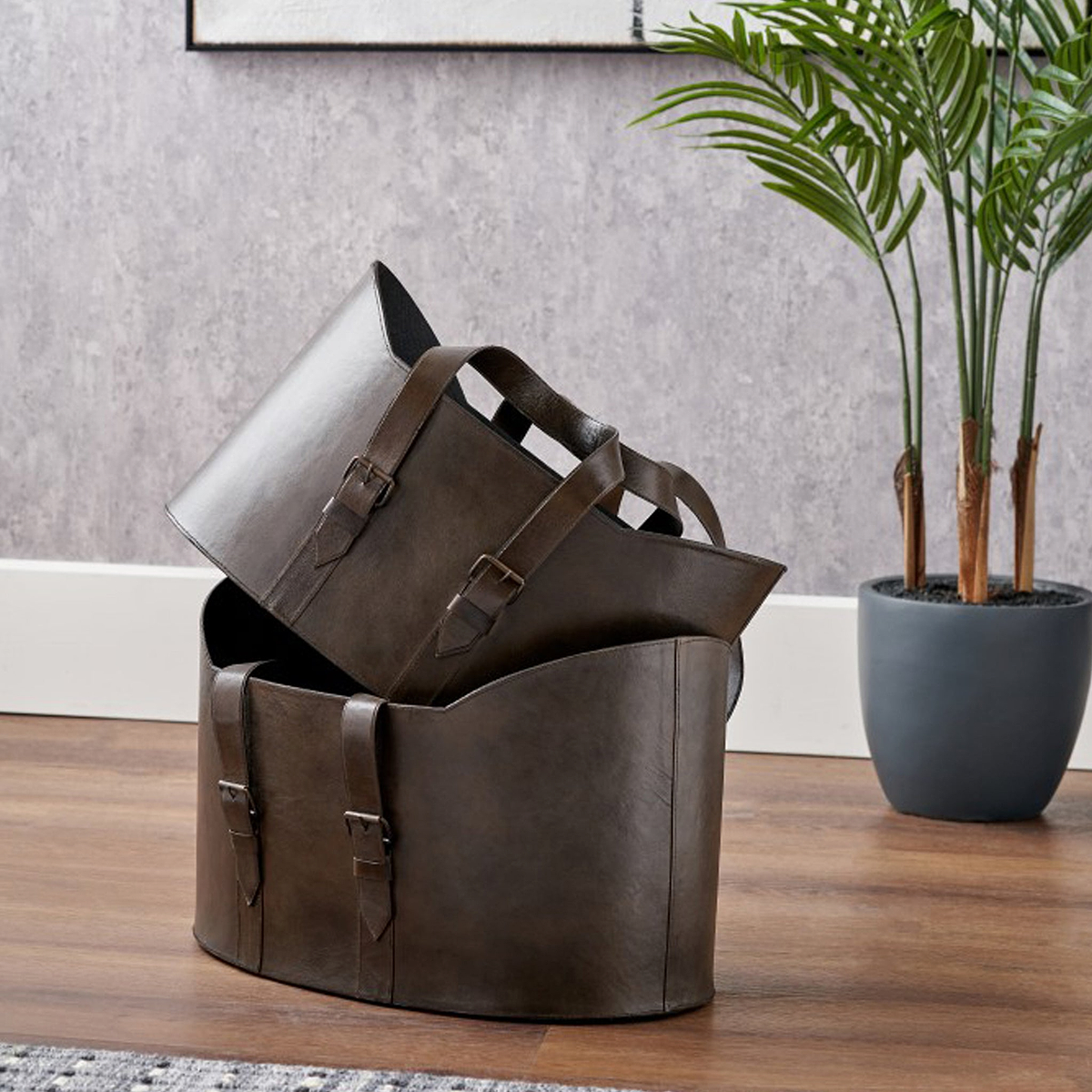 Alessio Peppercorn Leather Handled Storage from Roseland Furniture