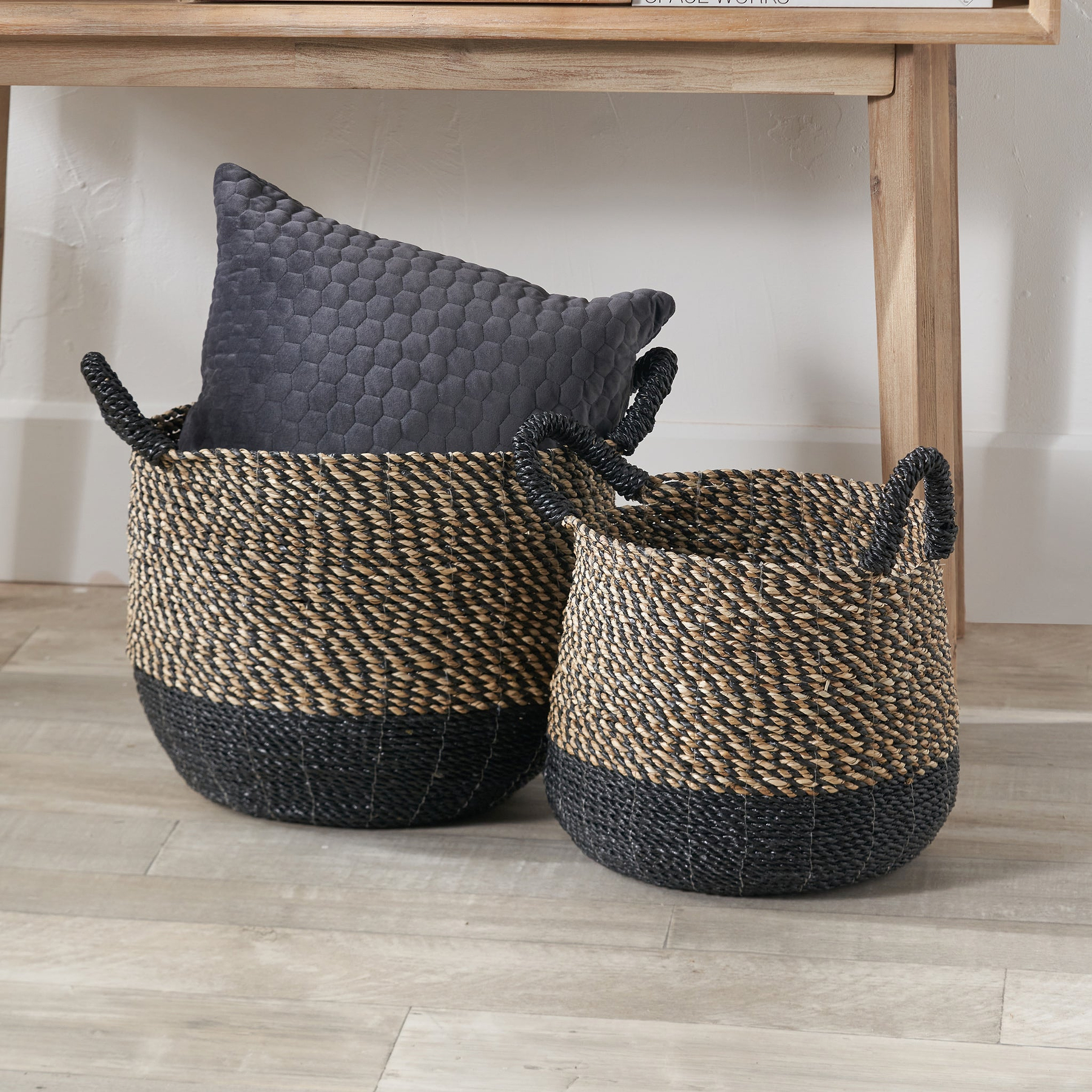 Seagrass Natural and Black Round Handled Baskets from Roseland Furniture