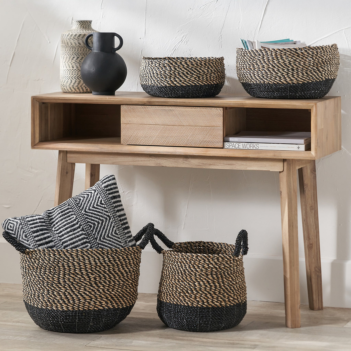 Seagrass Natural and Black Round Handled Baskets from Roseland Furniture