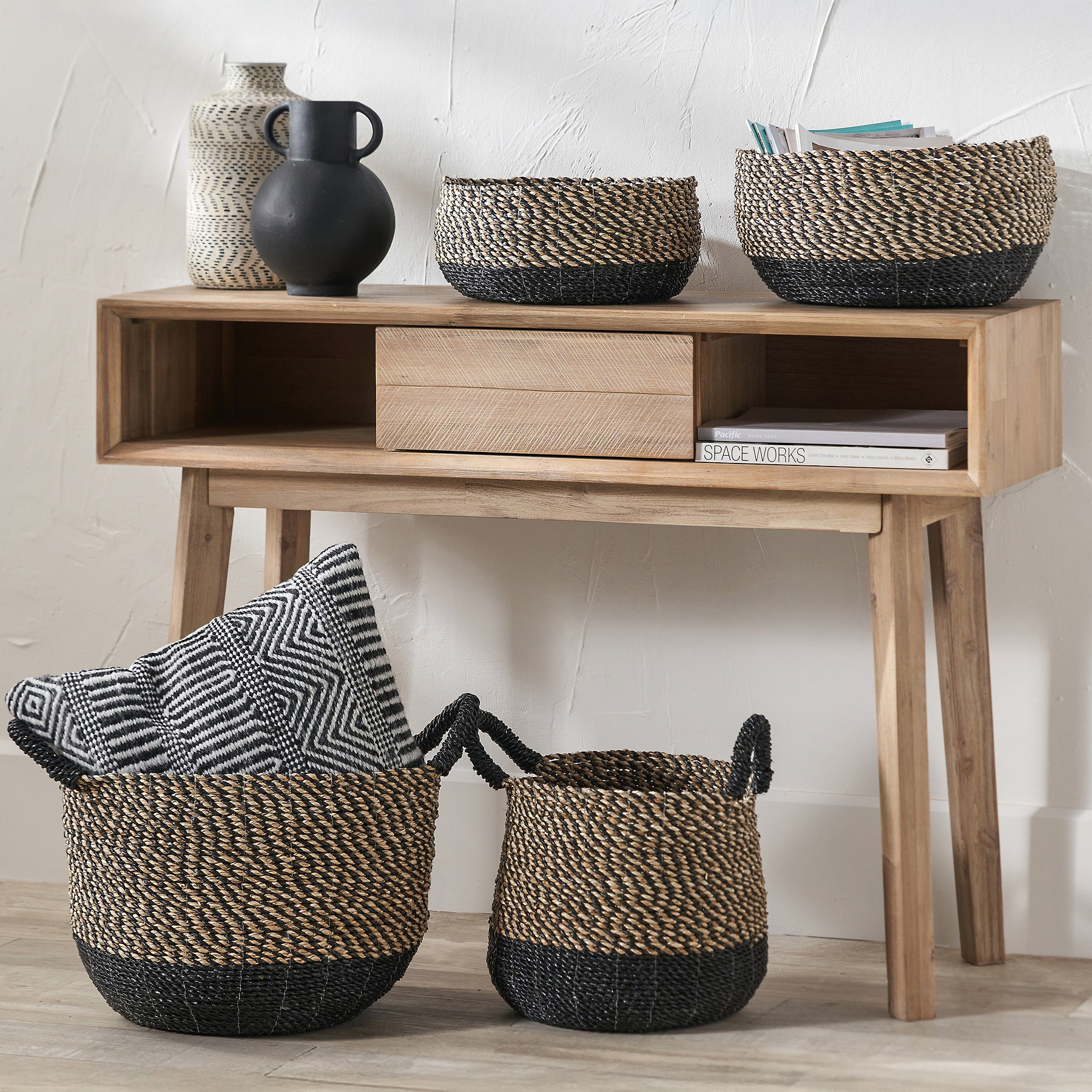 Seagrass Natural and Black Round Handled Baskets from Roseland Furniture