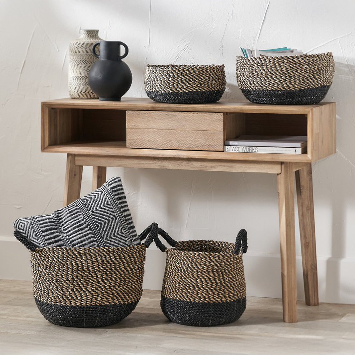 Seagrass Natural and Black Round Baskets from Roseland Furniture