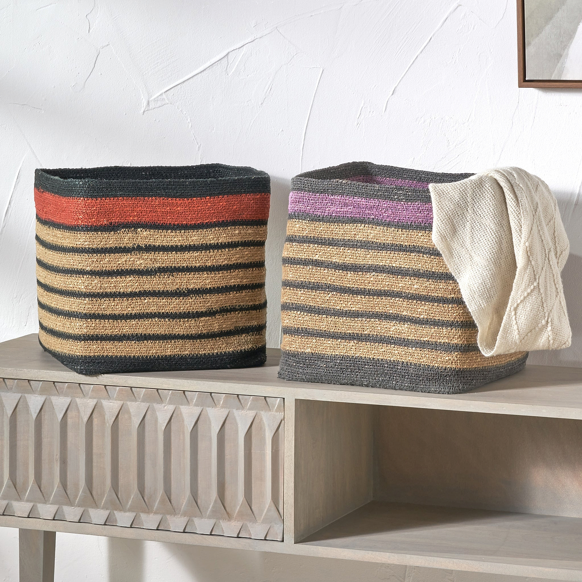 Seagrass Stripe Square Basket Terracotta from Roseland Furniture