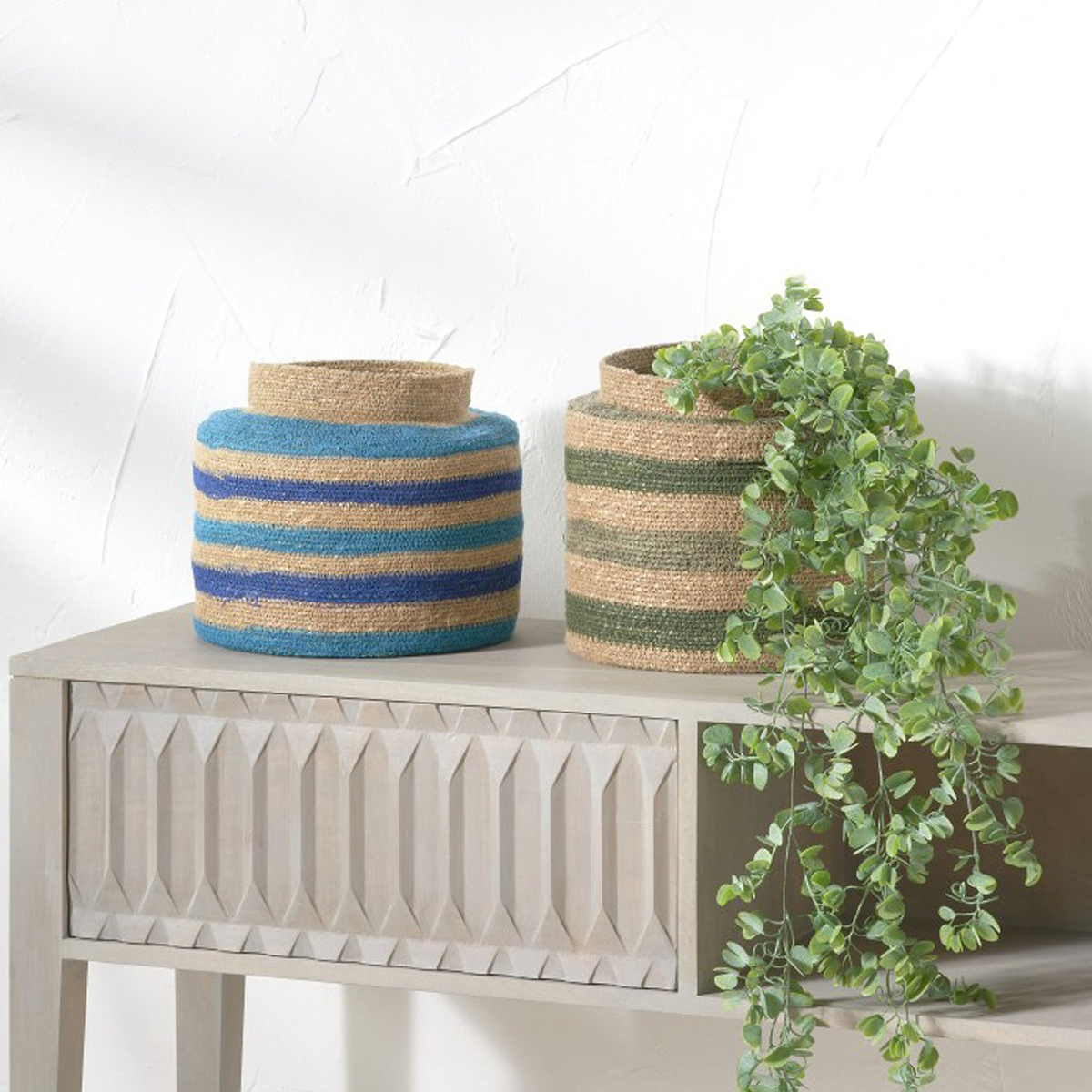Seagrass Stripe Round Basket Green from Roseland Furniture
