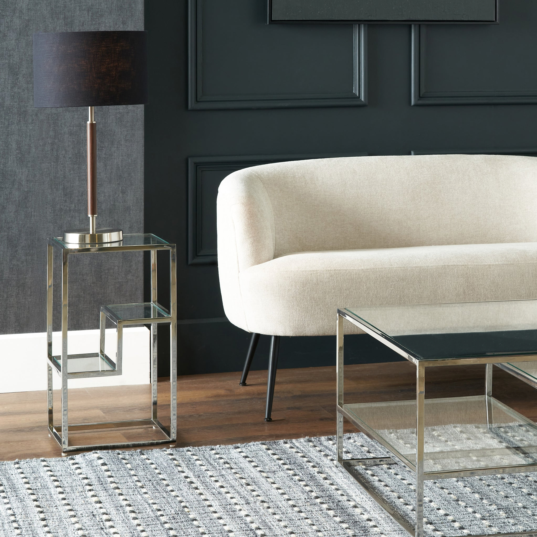 Aleandra Clear Glass and Silver Metal Side Table from Roseland Furniture