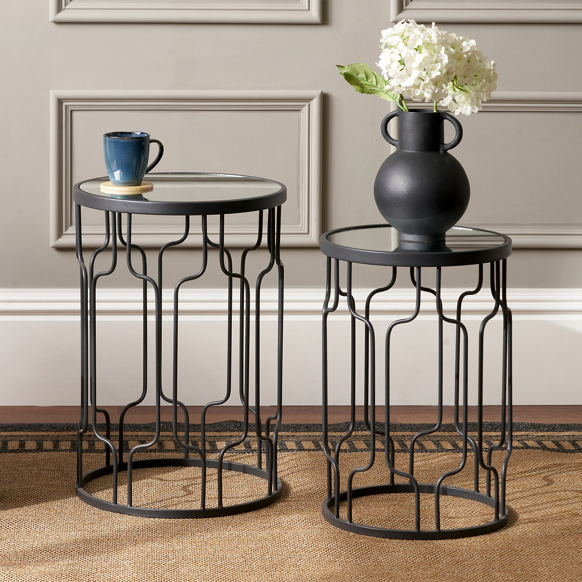 Caprisse S2 Mirror and Graphite Metal Side Tables from Roseland Furniture