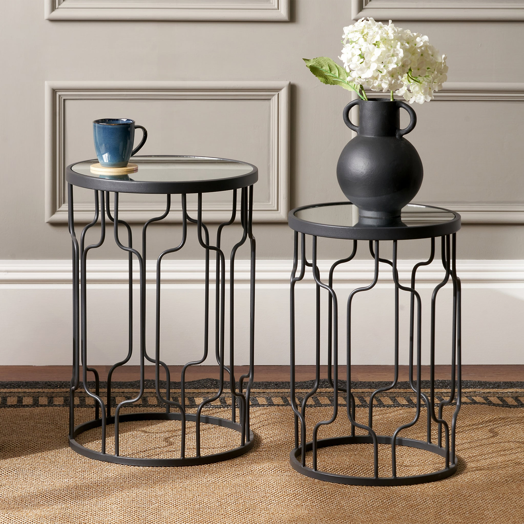 Caprisse S2 Mirror and Graphite Metal Side Tables from Roseland Furniture