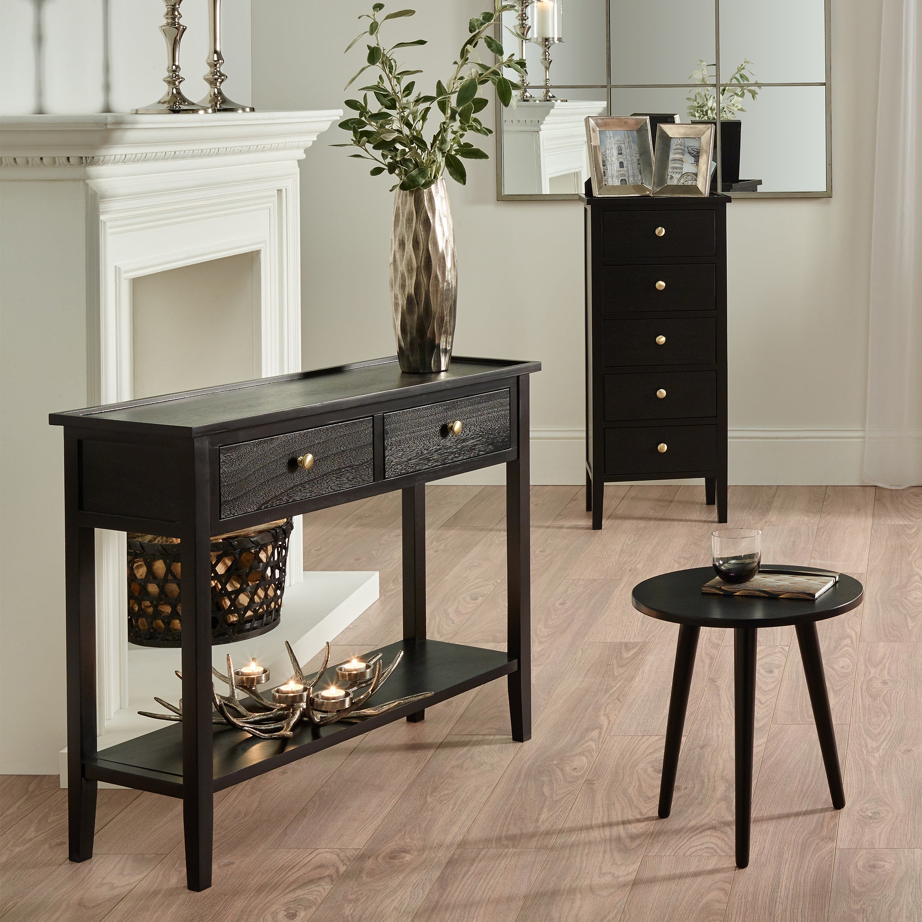 Chelmsford Black Pine Wood 5 Drawer Tallboy from Roseland Furniture