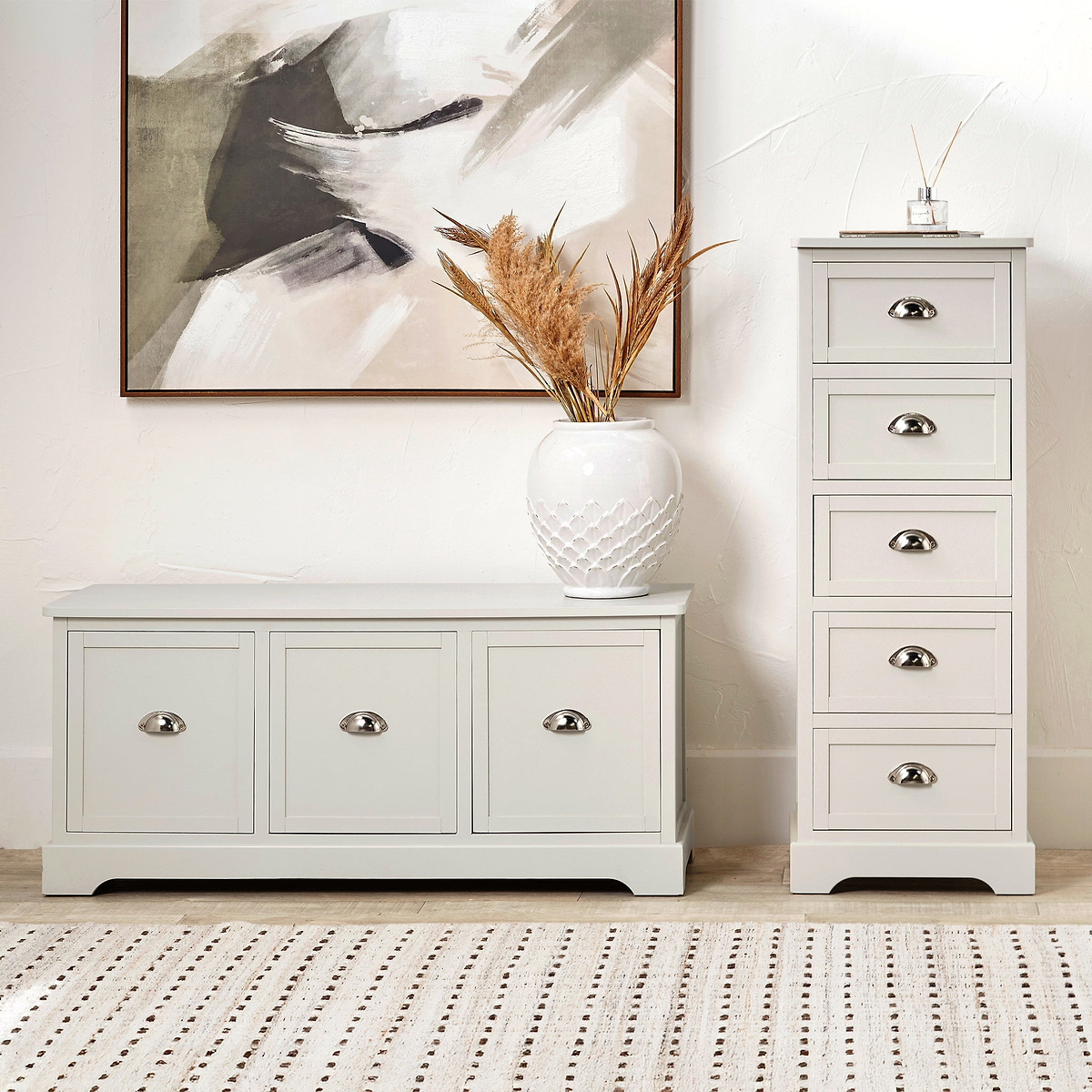 Croft Linen Pine Wood 5 Drawer Tall Unit from Roseland Furniture