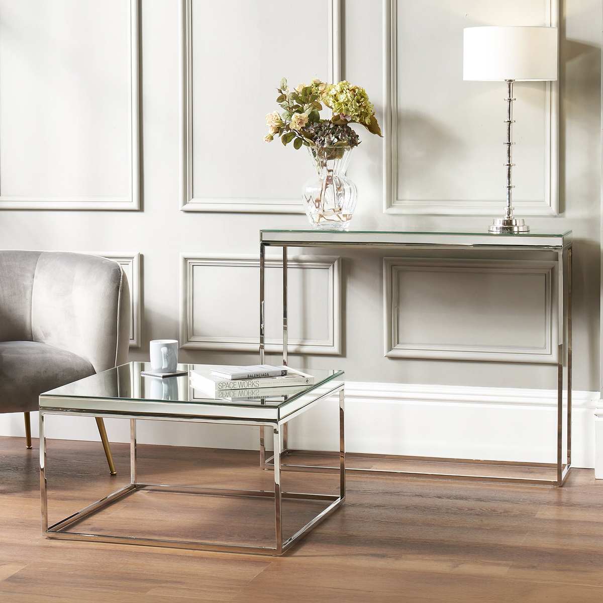 Elysee Mirrored Glass and Silver Metal Console Table from Roseland Furniture