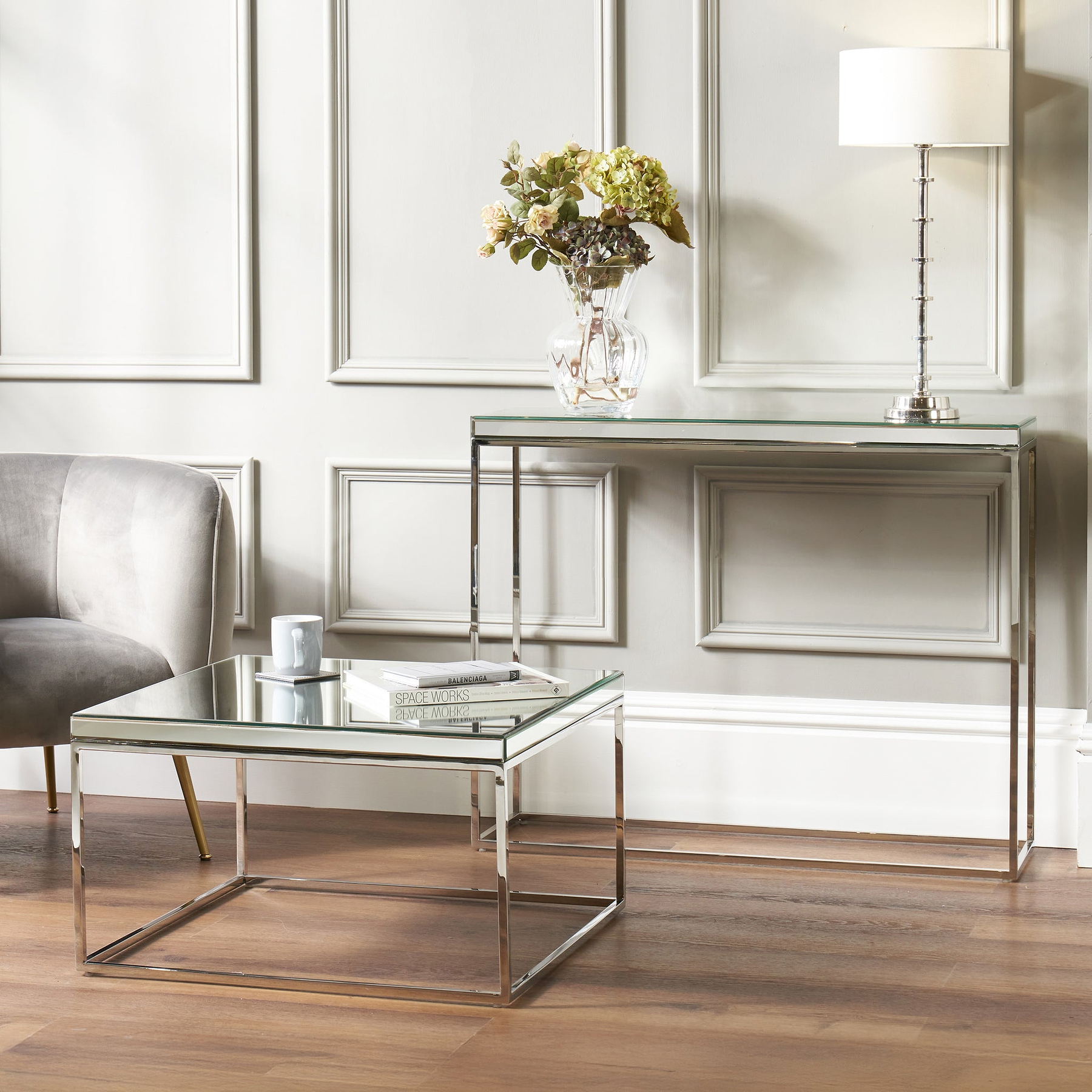Elysee Mirrored Glass and Silver Metal Console Table from Roseland Furniture