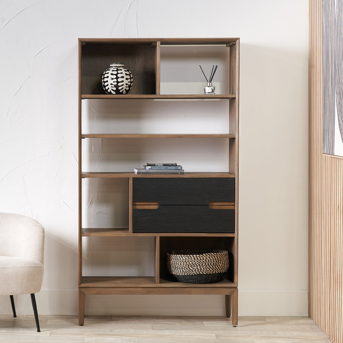 Gio Acacia Wood 2 Drawer 7 Niche Shelf Unit from Roseland Furniture