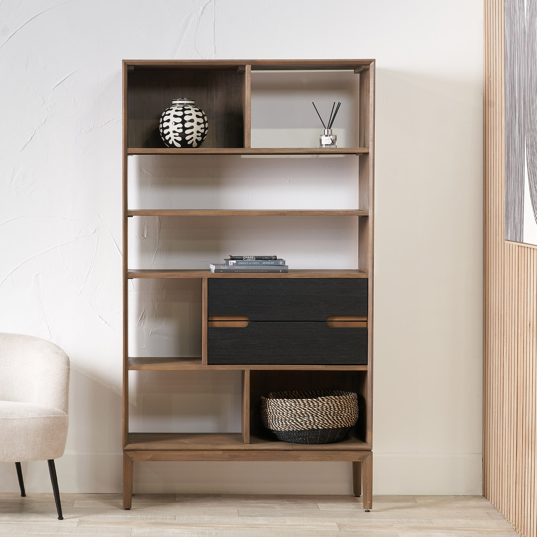 Gio Acacia Wood 2 Drawer 7 Niche Shelf Unit from Roseland Furniture