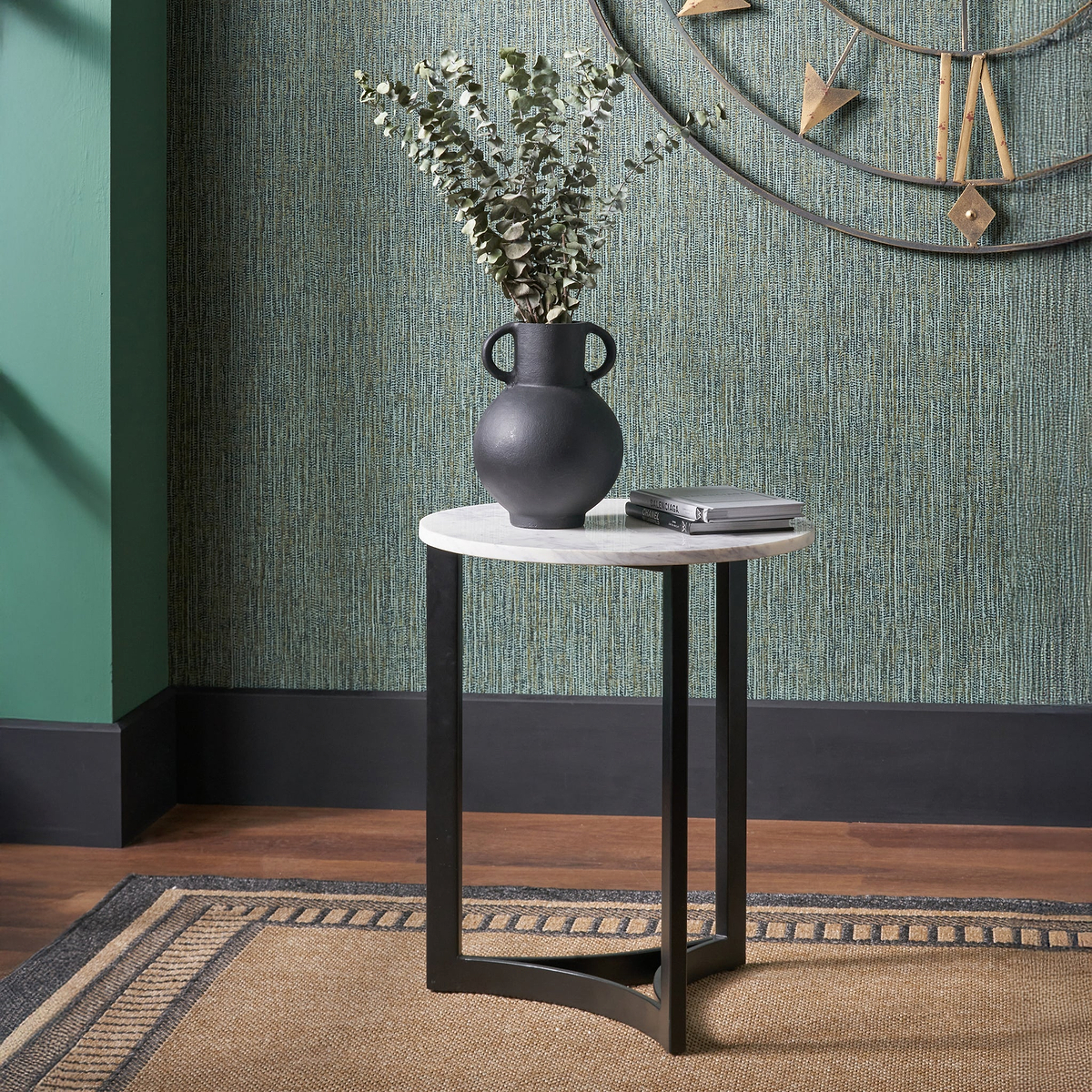 Hendrick White Marble and Black Metal Side Table from Roseland Furniture