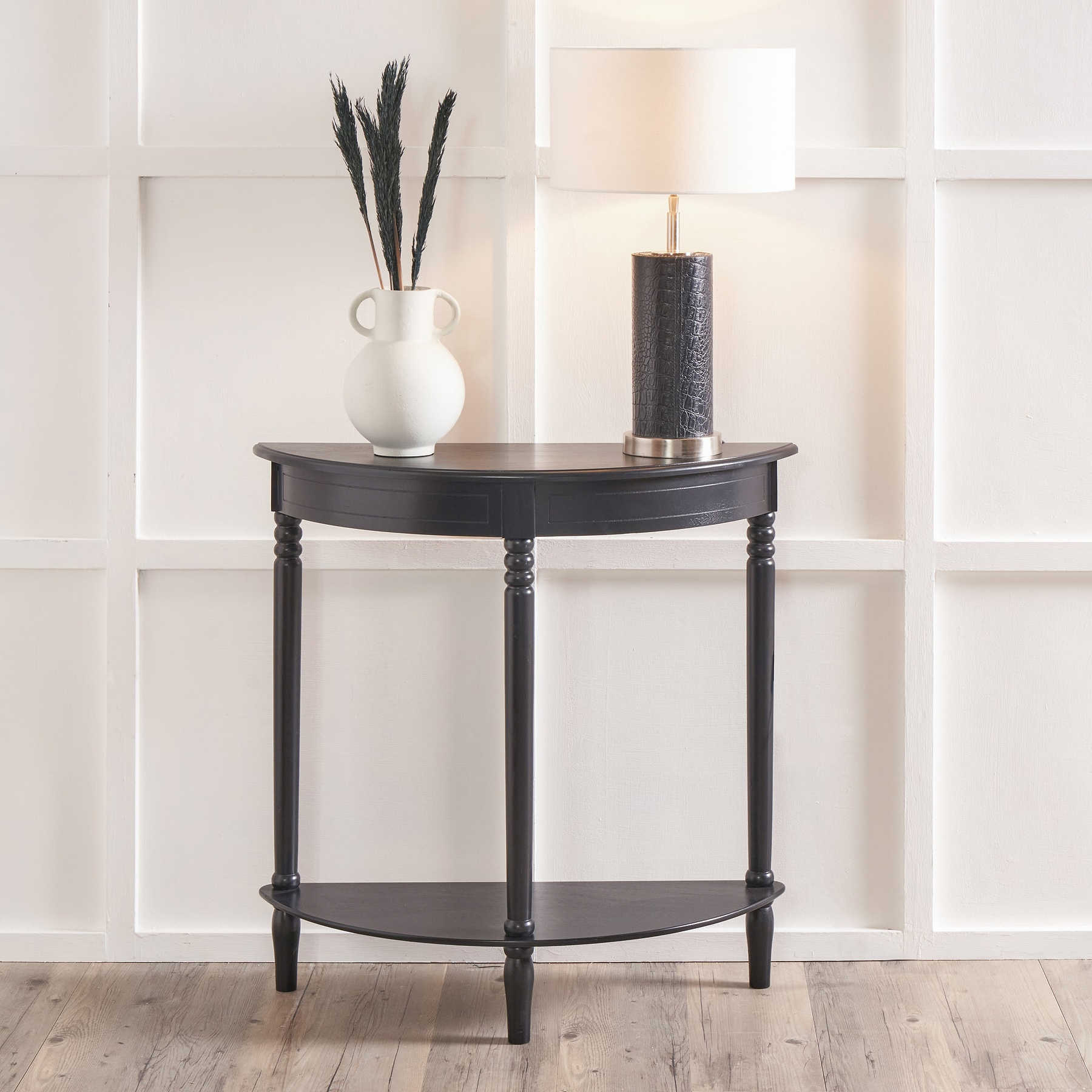 Heritage Black Pine Wood Half Moon Console Table Back1 from Roseland Furniture