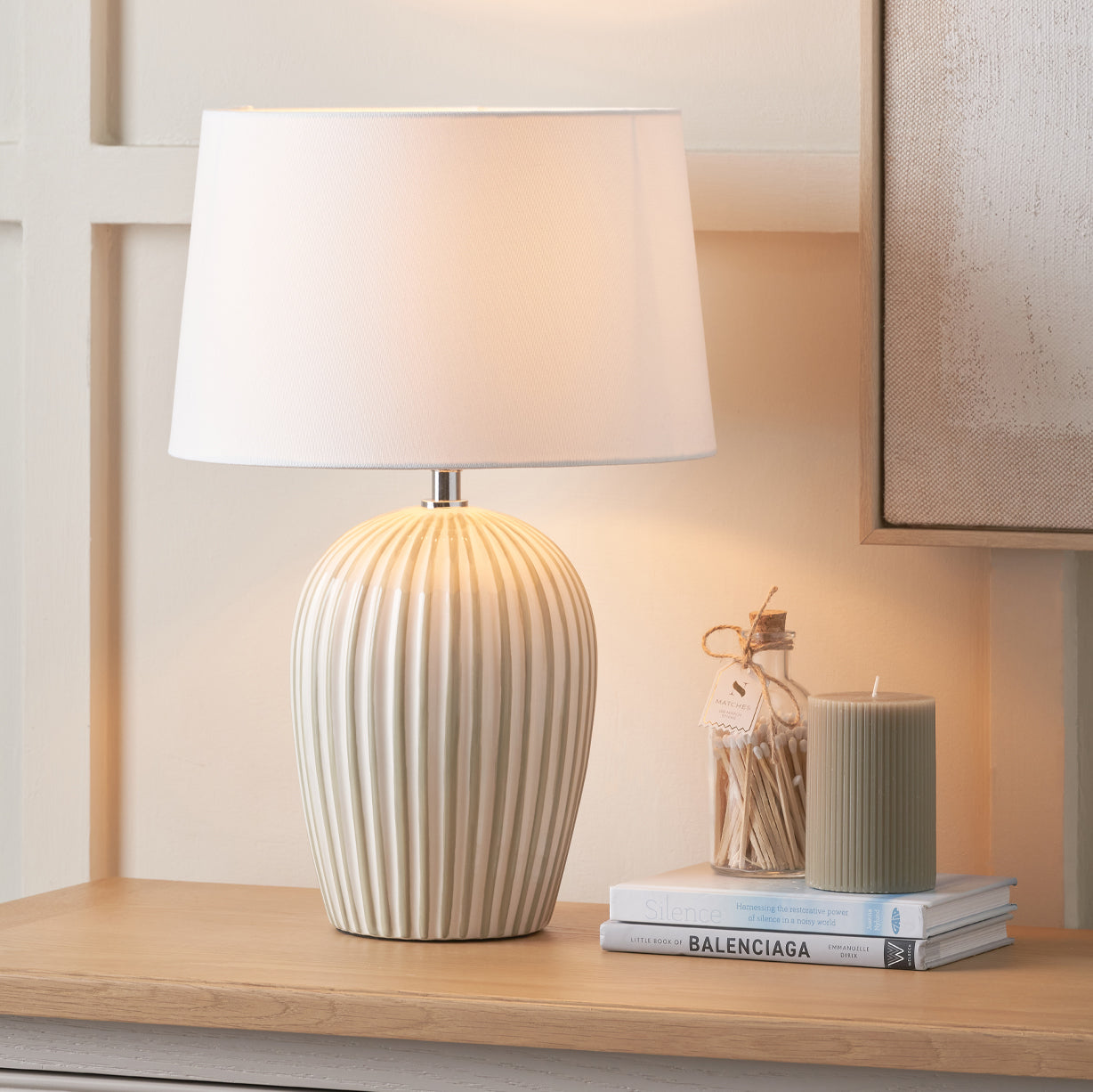 Cannes Stripe Ceramic Table Lamp Sage from Roseland Furniture