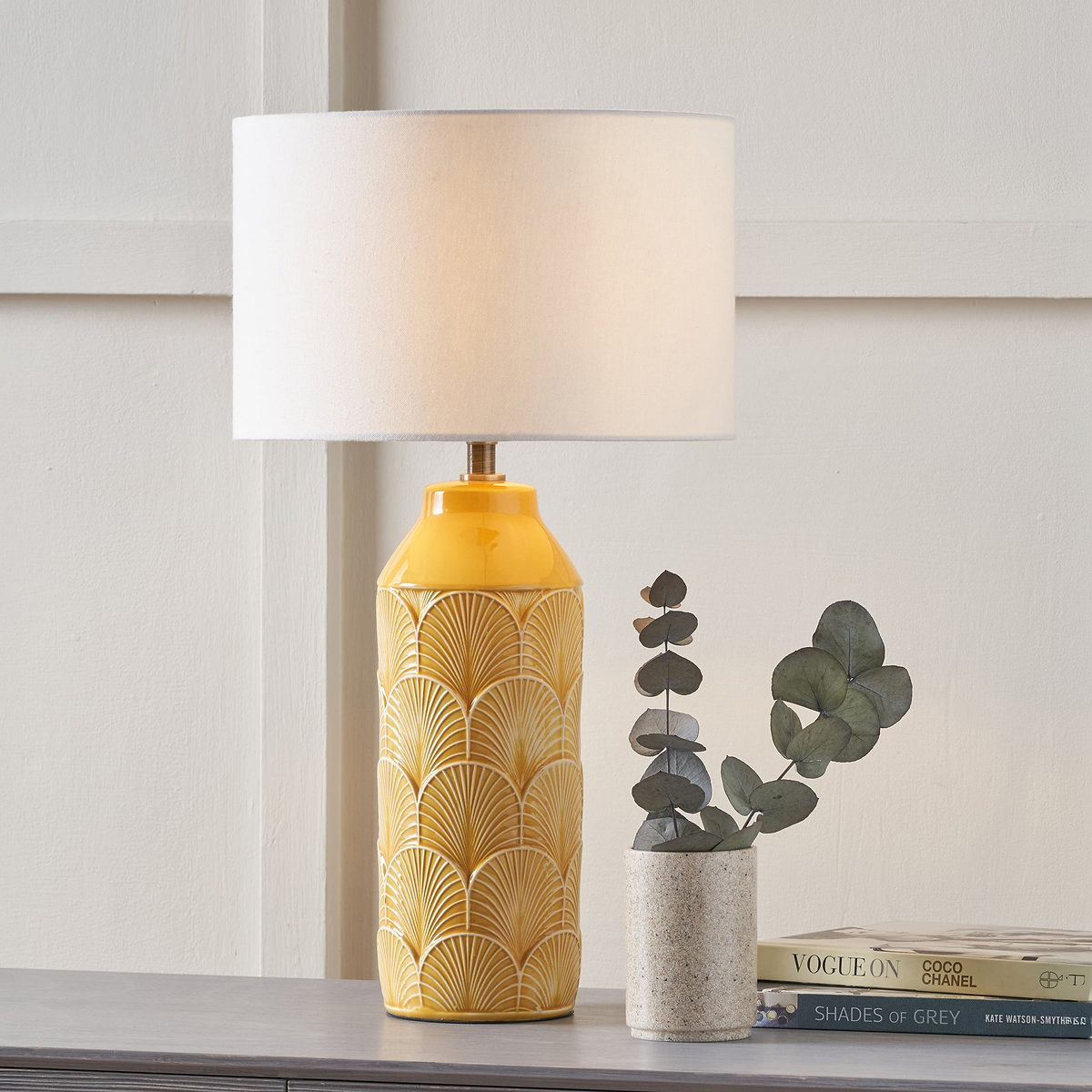 Bethan Embossed Ceramic Table Lamp Mustard from Roseland Furniture