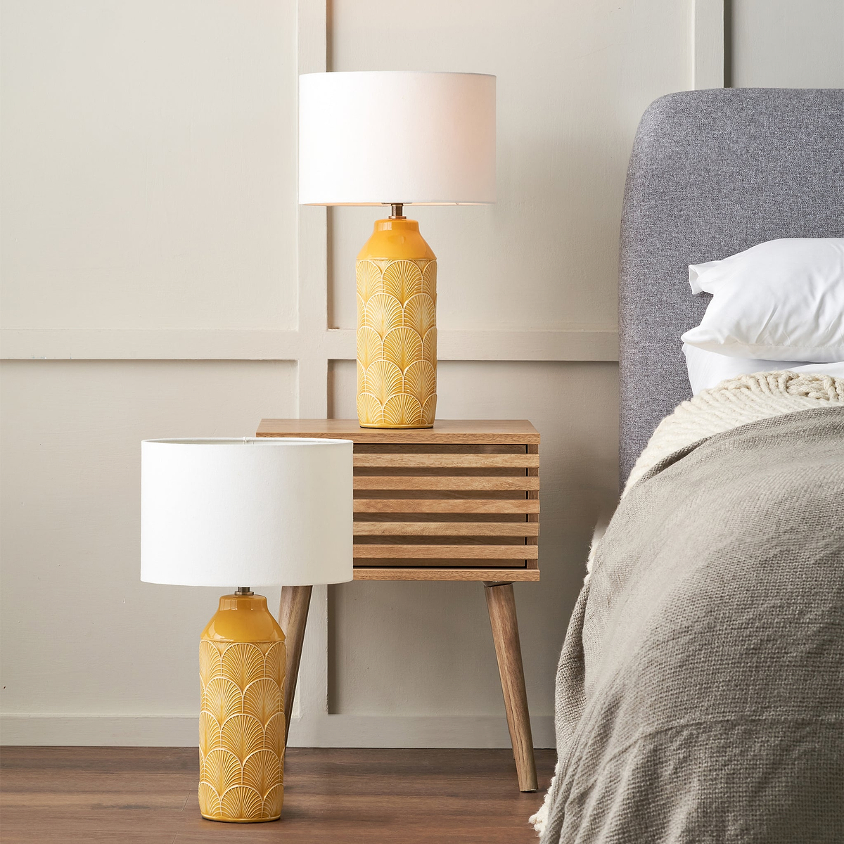 Bethan Embossed Ceramic Table Lamp Mustard from Roseland Furniture