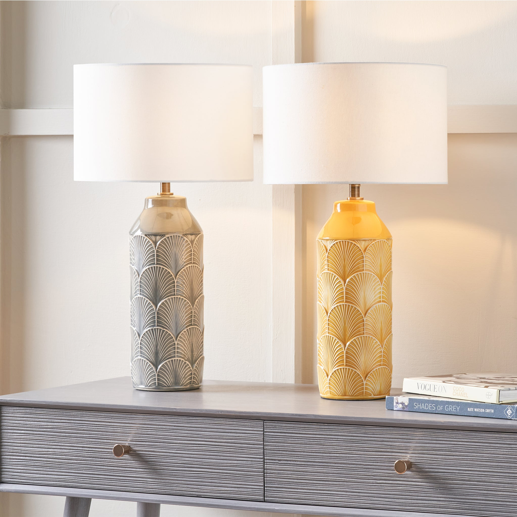 Bethan Embossed Ceramic Table Lamp Mustard from Roseland Furniture