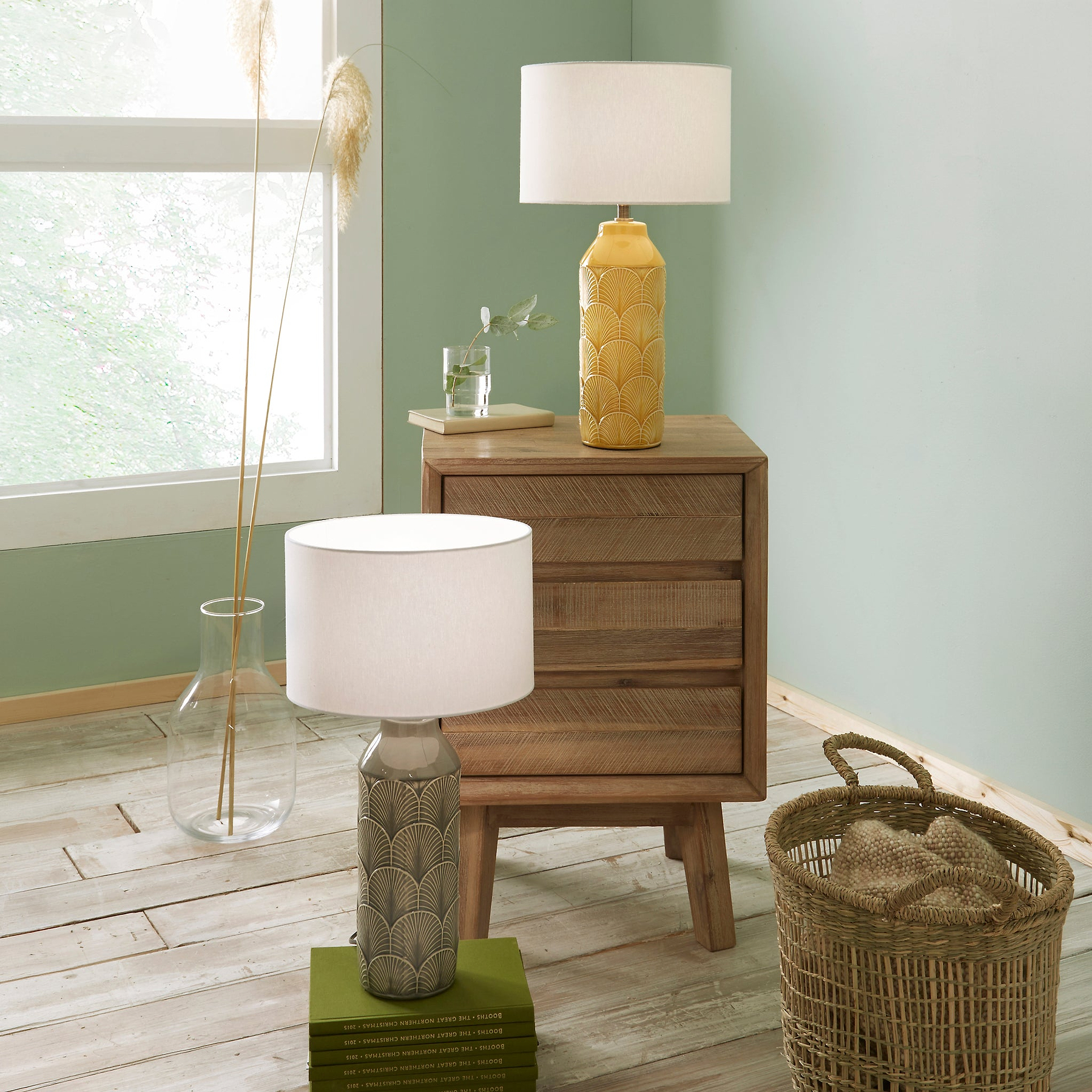 Bethan Embossed Ceramic Table Lamp Mustard from Roseland Furniture