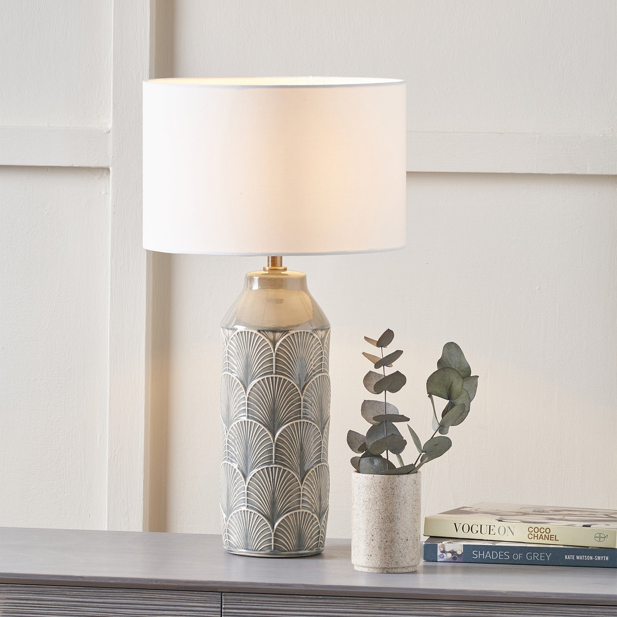 Bethan Embossed Ceramic Table Lamp Grey from Roseland Furniture