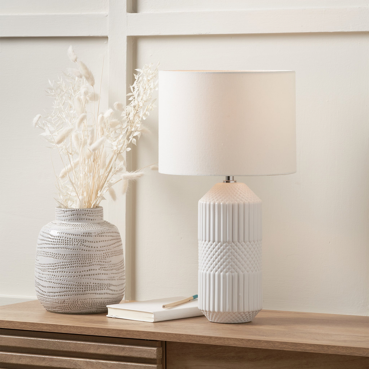 Meribel Geo Ceramic Tall Table Lamp White from Roseland Furniture
