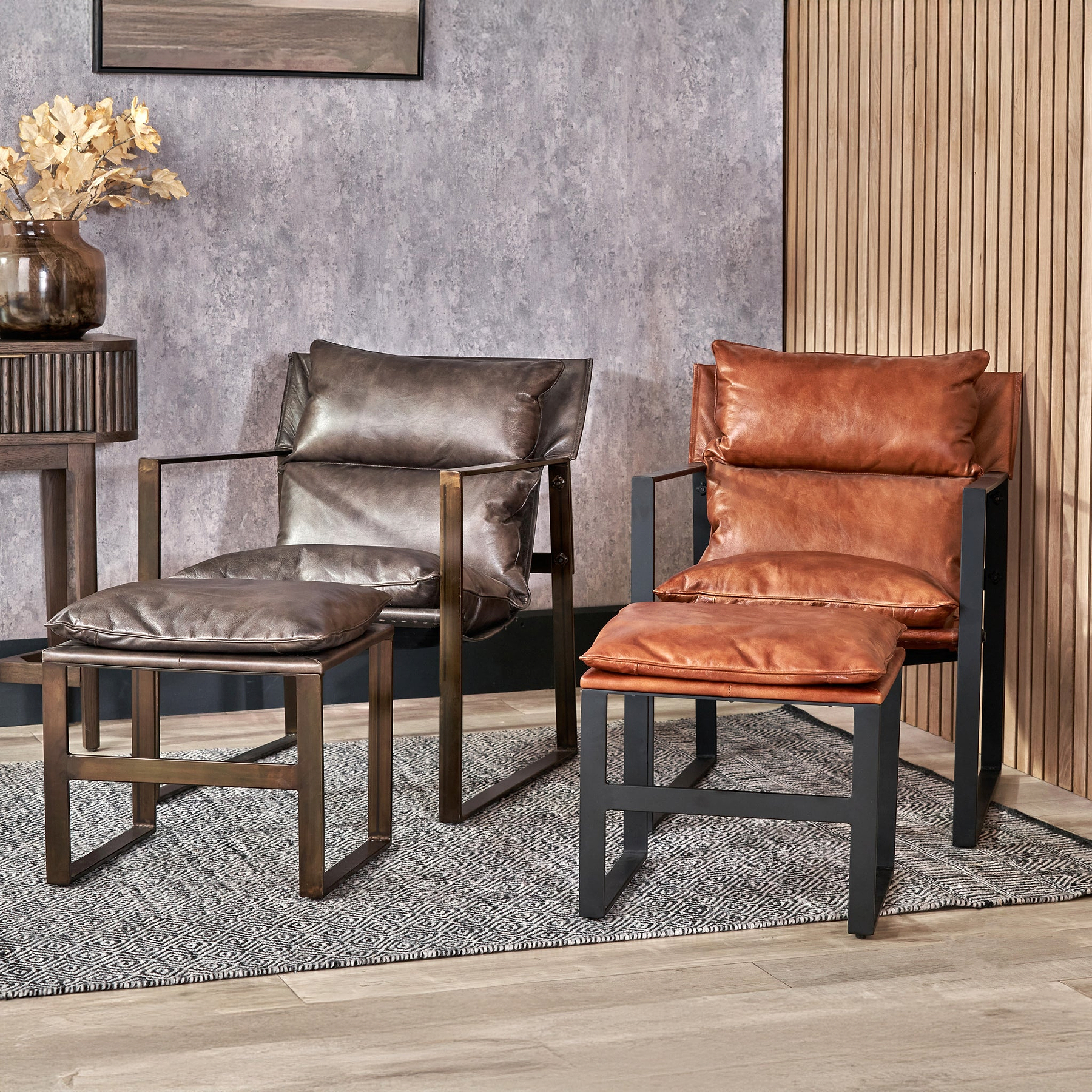 Nico Leather Accent Chair Footstool Peppercorn from Roseland Furniture