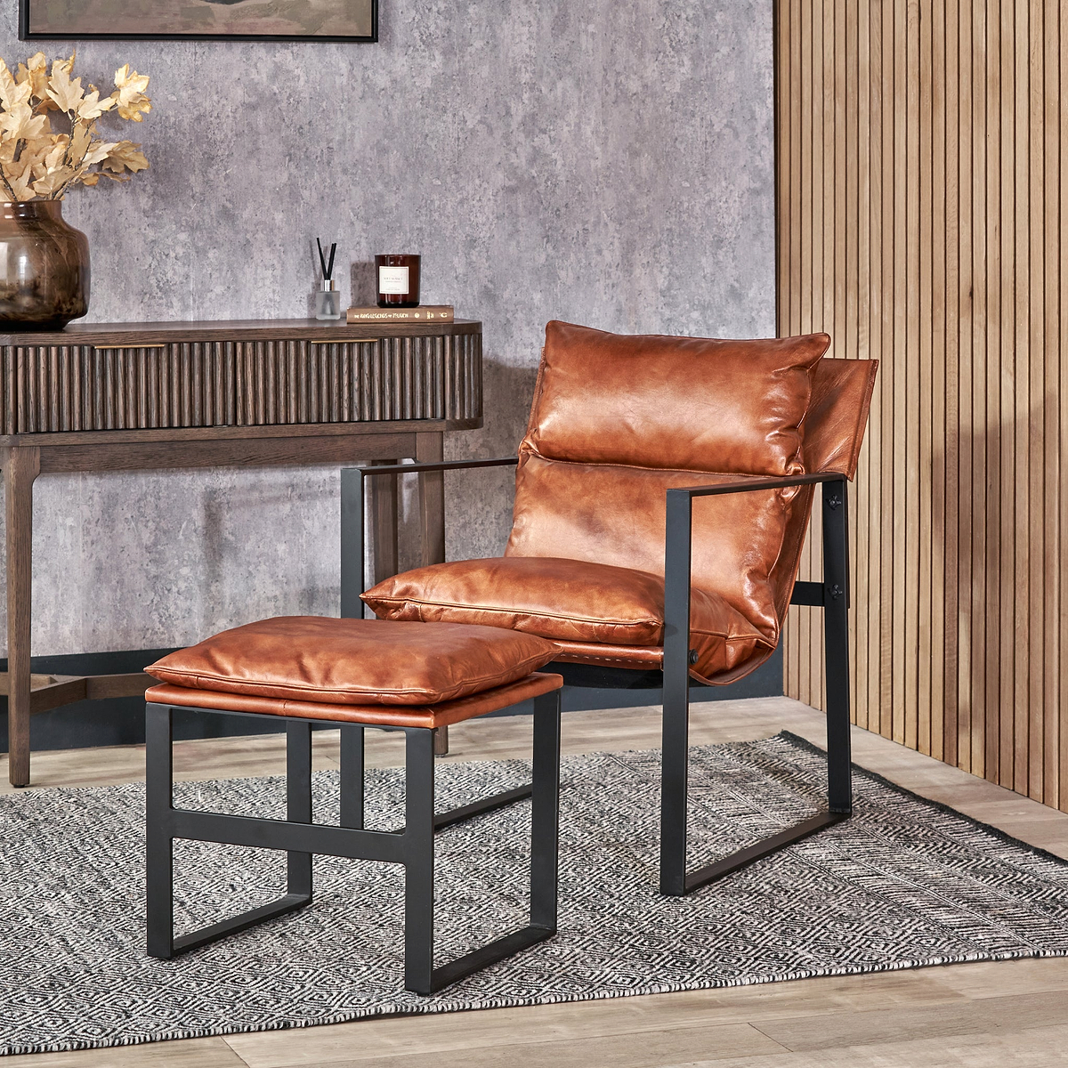 Nico Leather Accent Chair Footstool Brown from Roseland Furniture