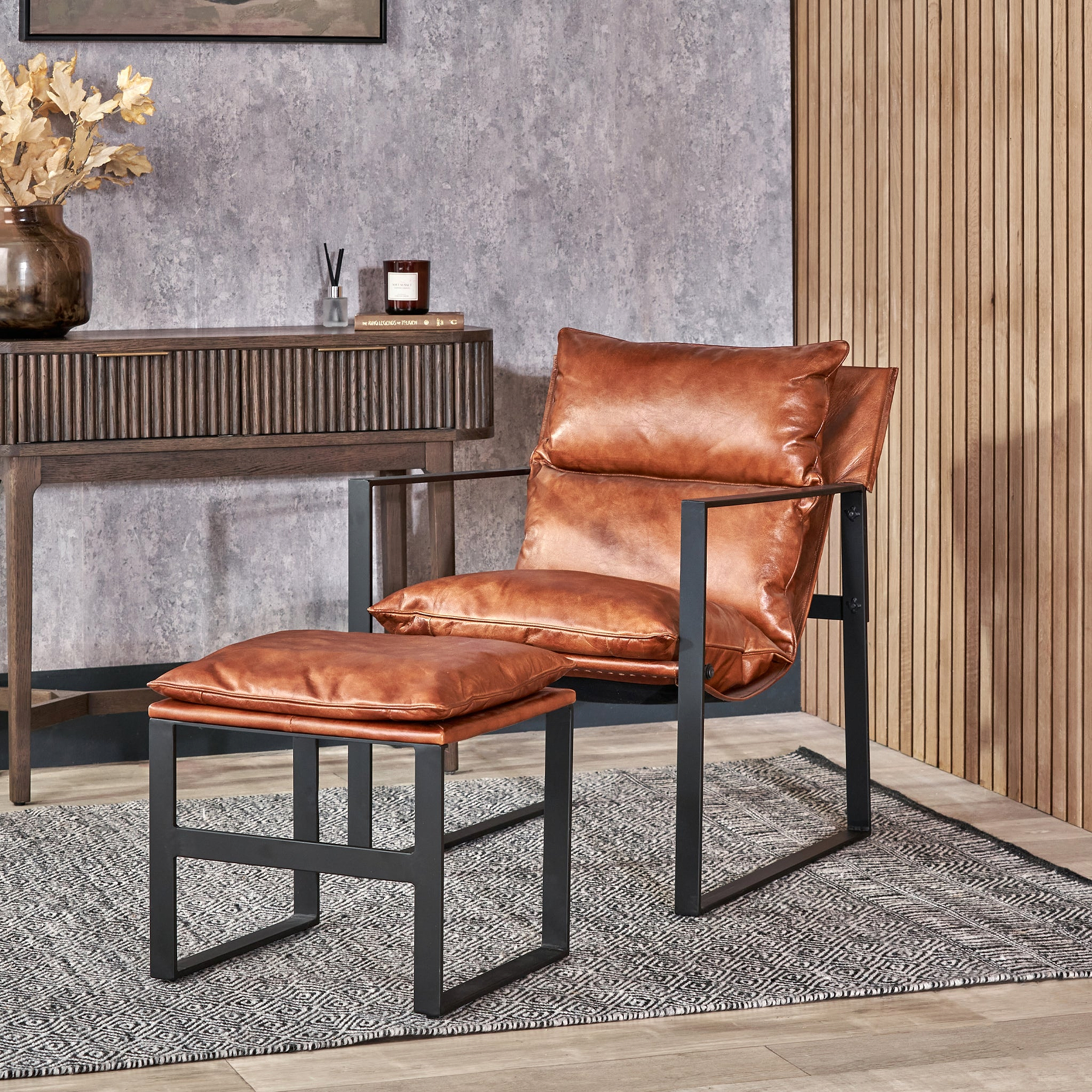 Nico Leather Accent Chair Footstool Brown from Roseland Furniture