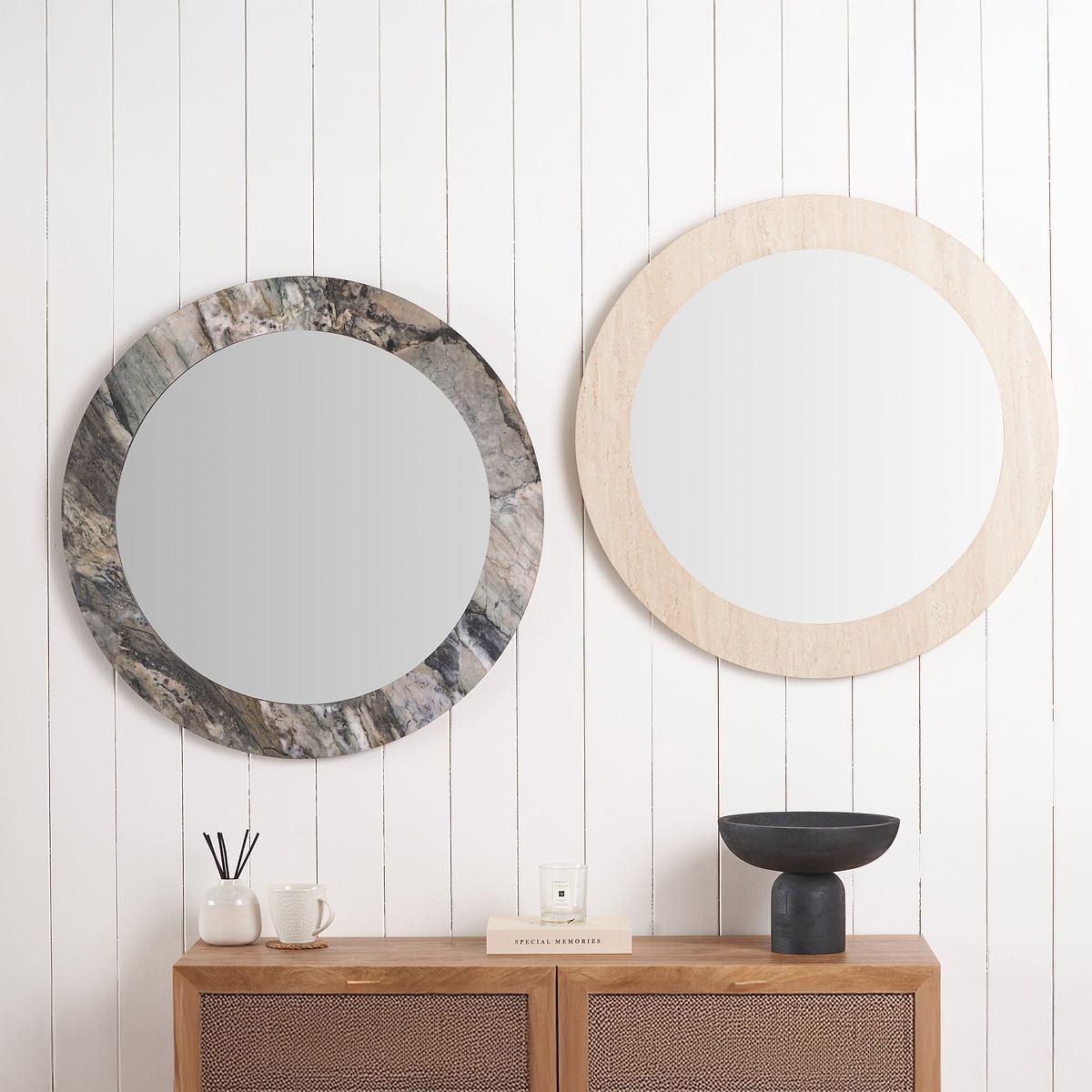 Travertine Effect Round Wall Mirror from Roseland Furniture