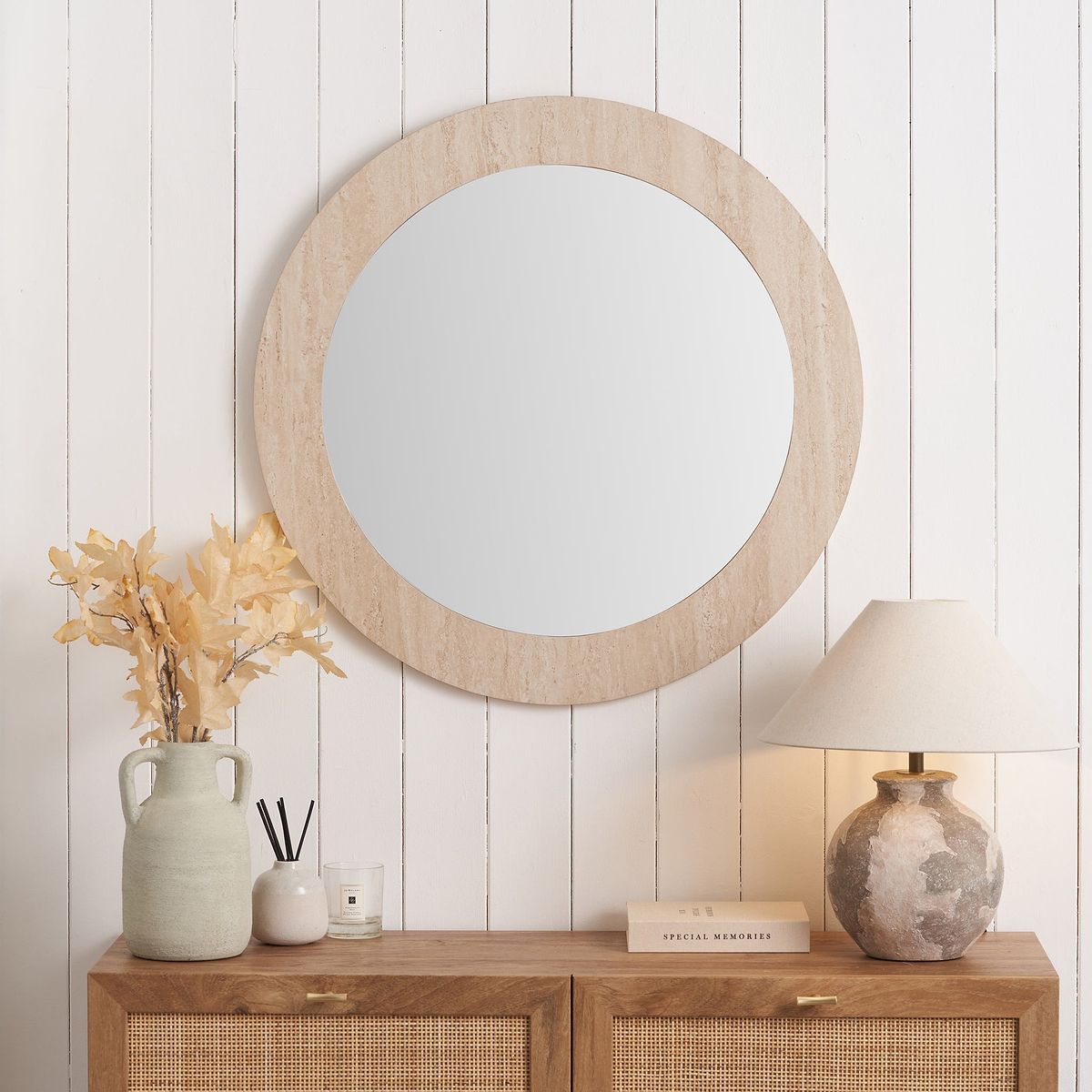 Travertine Effect Round Wall Mirror from Roseland Furniture
