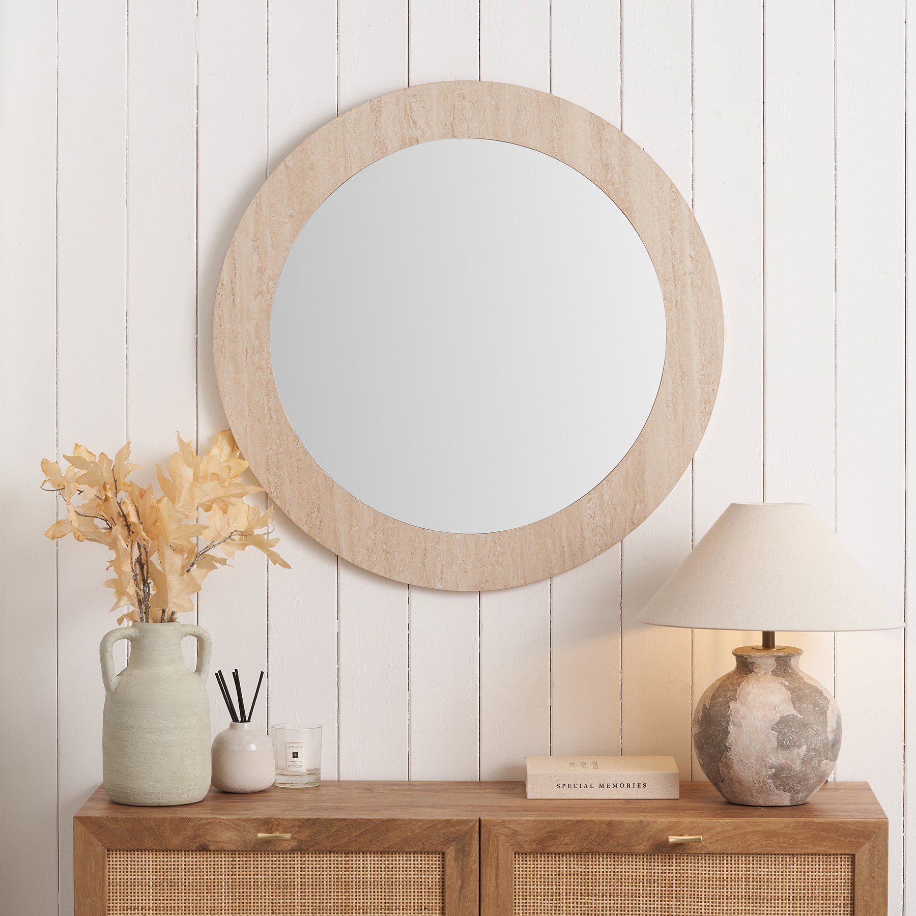 Travertine Effect Round Wall Mirror from Roseland Furniture