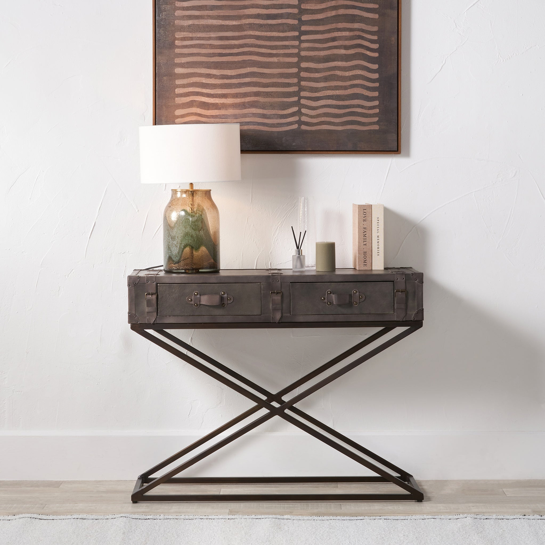 Adriano Leather Console Table Peppercorn from Roseland Furniture
