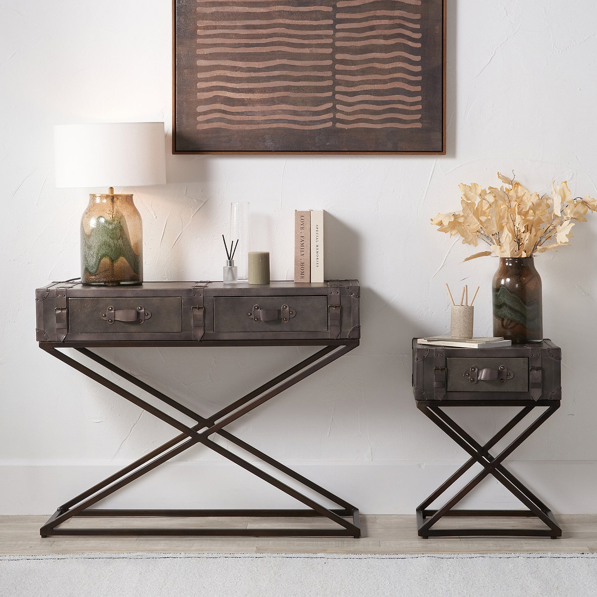 Adriano Leather Console Table Peppercorn from Roseland Furniture