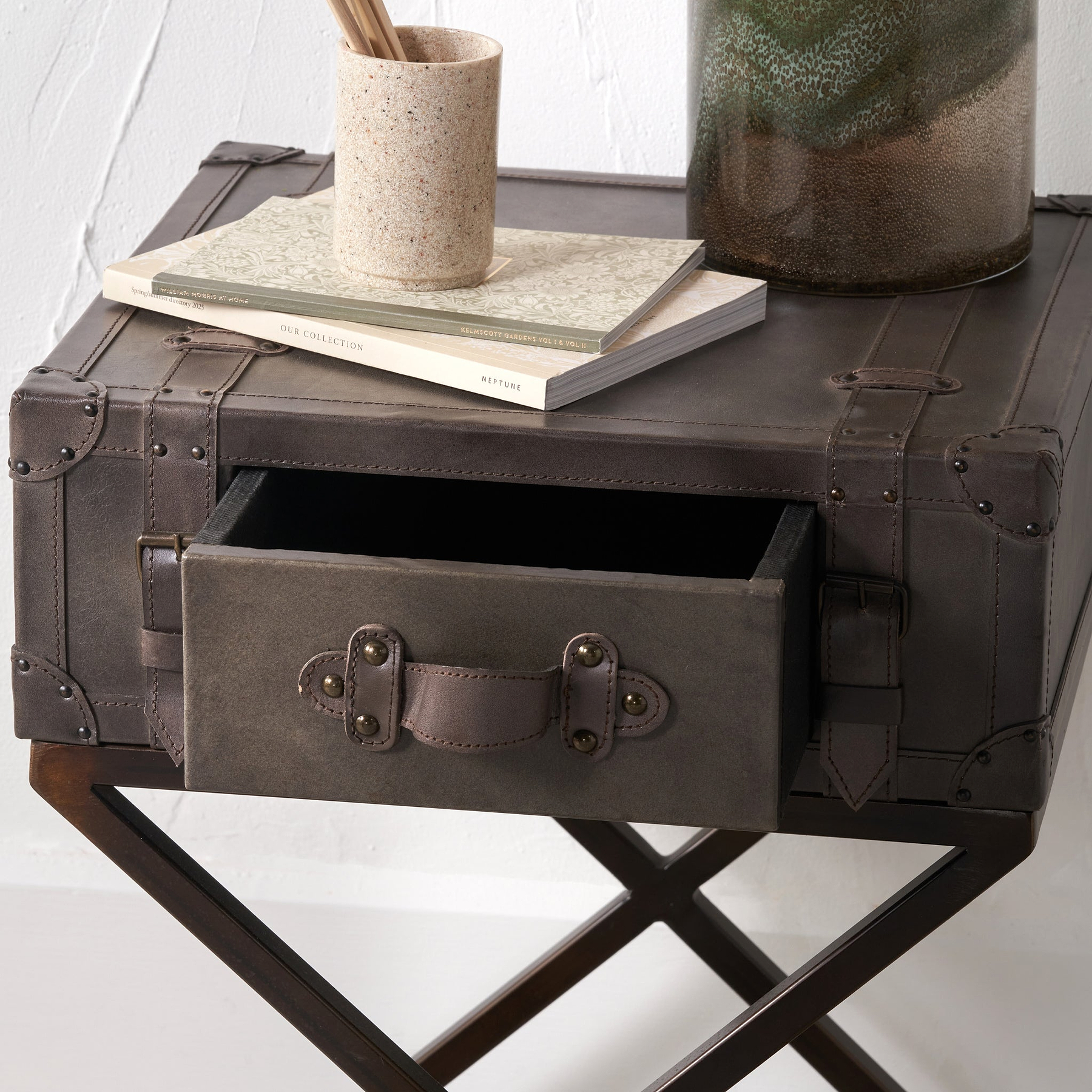 Adriano Leather Side Table Peppercorn from Roseland Furniture