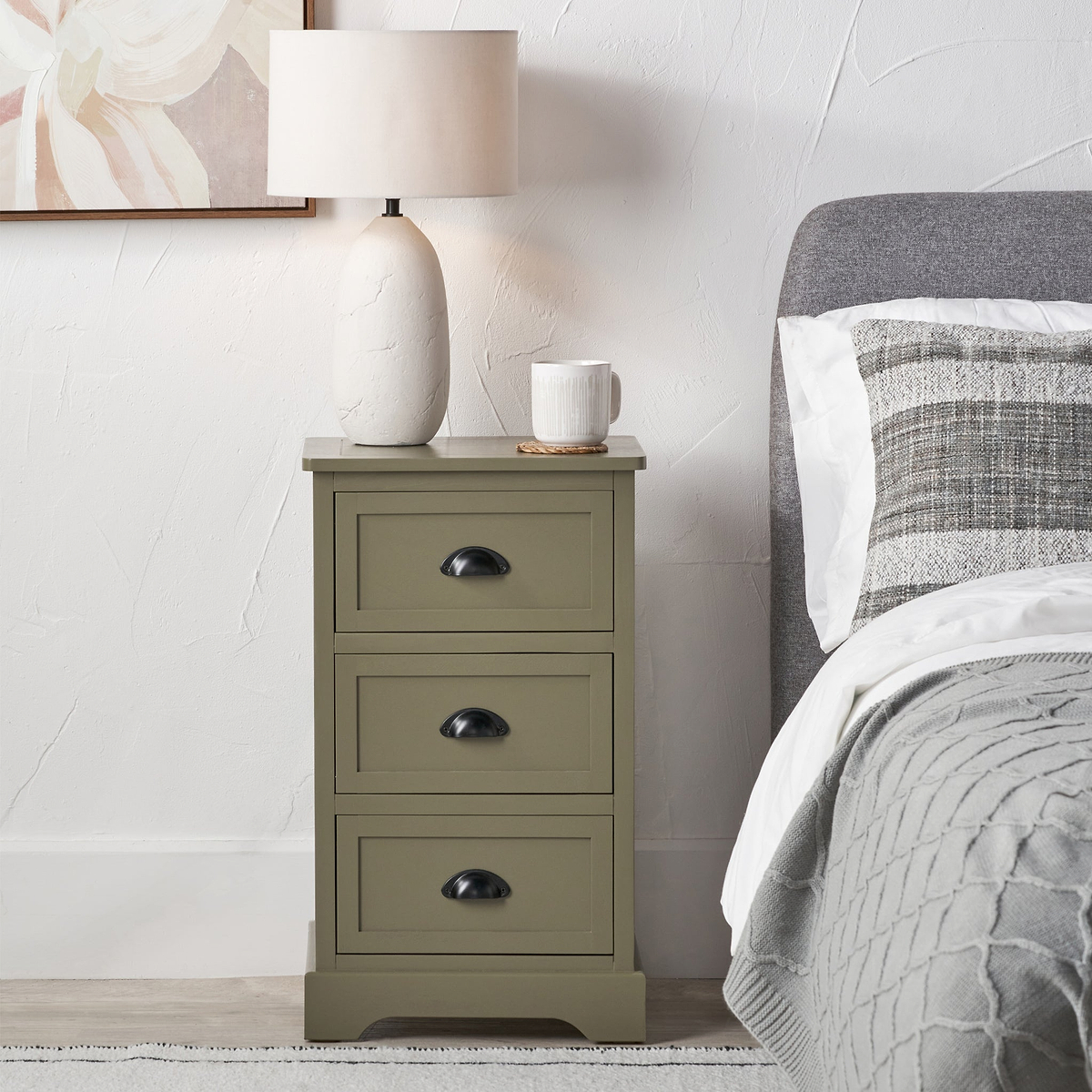 Croft Pine 3 Drawer Bedside Table Olive from Roseland Furniture