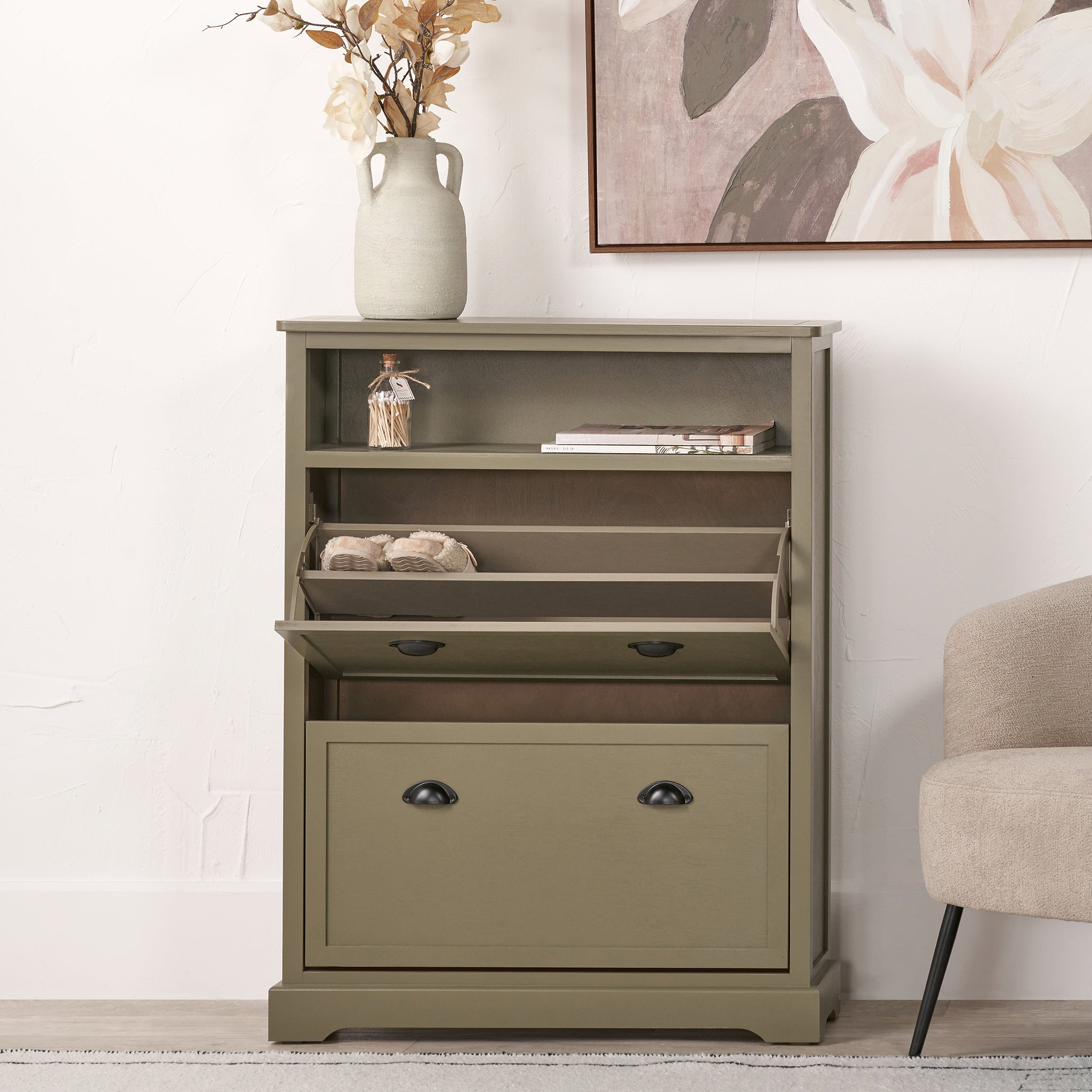 Croft Pine Shoe Storage Unit Olive from Roseland Furniture