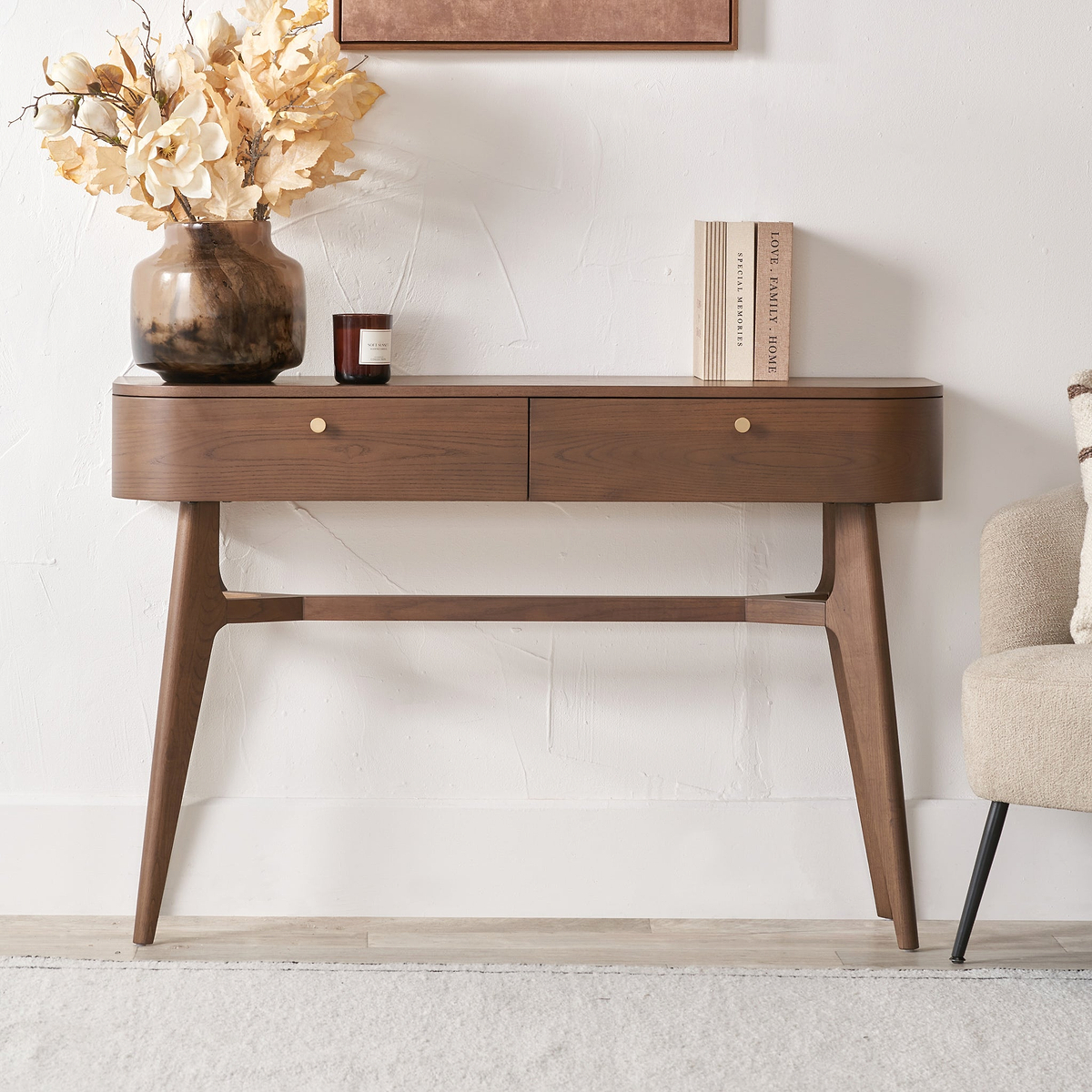 Elias Dark Ash 2 Drawer Console Table Angle2 from Roseland Furniture