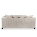 A beige corduroy sofa with multiple matching cushions, resting against a white background.