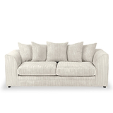 A neutral-toned corduroy sofa with plush cushions rests against a white background, conveying a comfortable and inviting furniture piece.